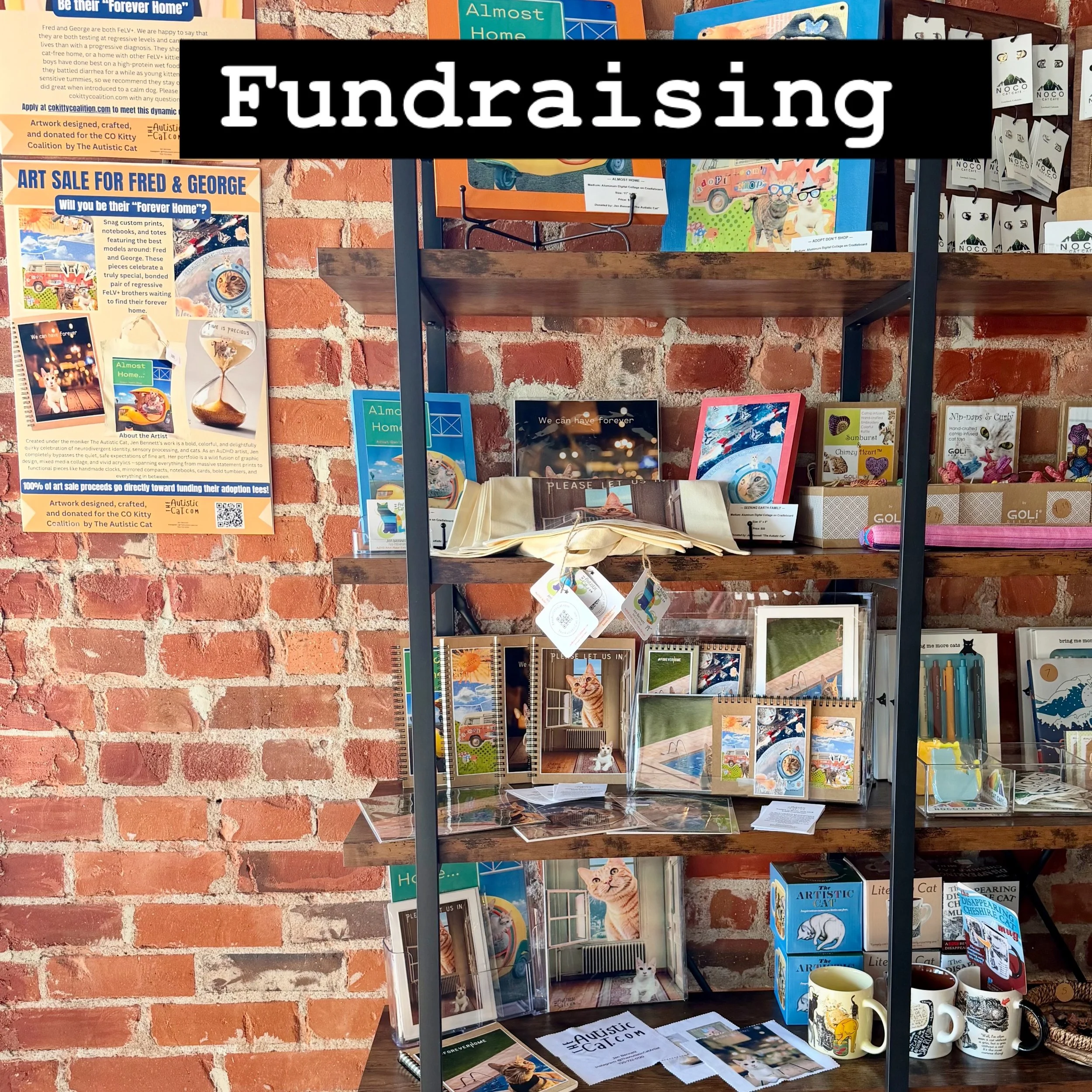 A picture of a shelf that has varios cat art on it and says the word "Fundraising"