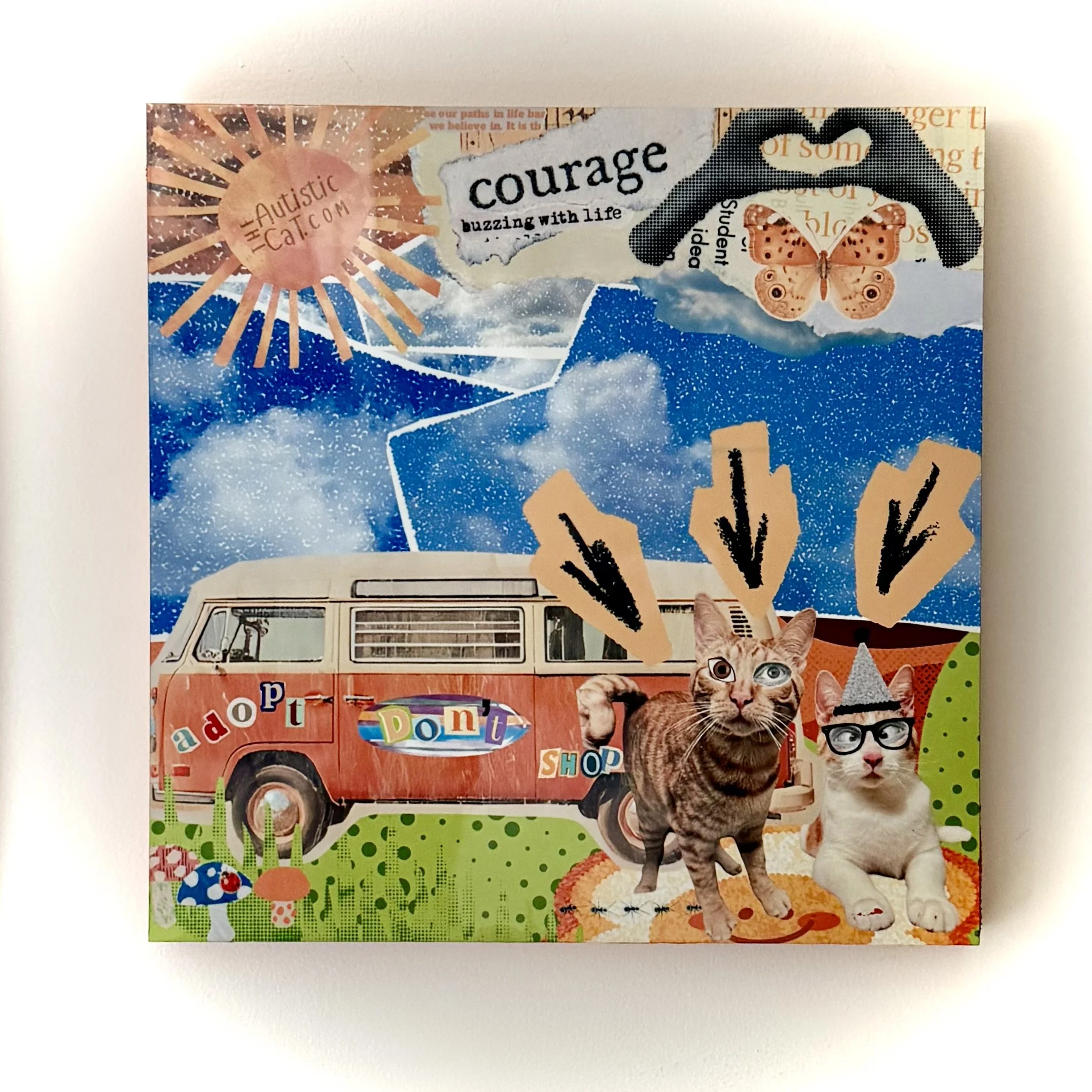 Mixed Media Digital Collage with two cats in front of a vintage volkswagon bus