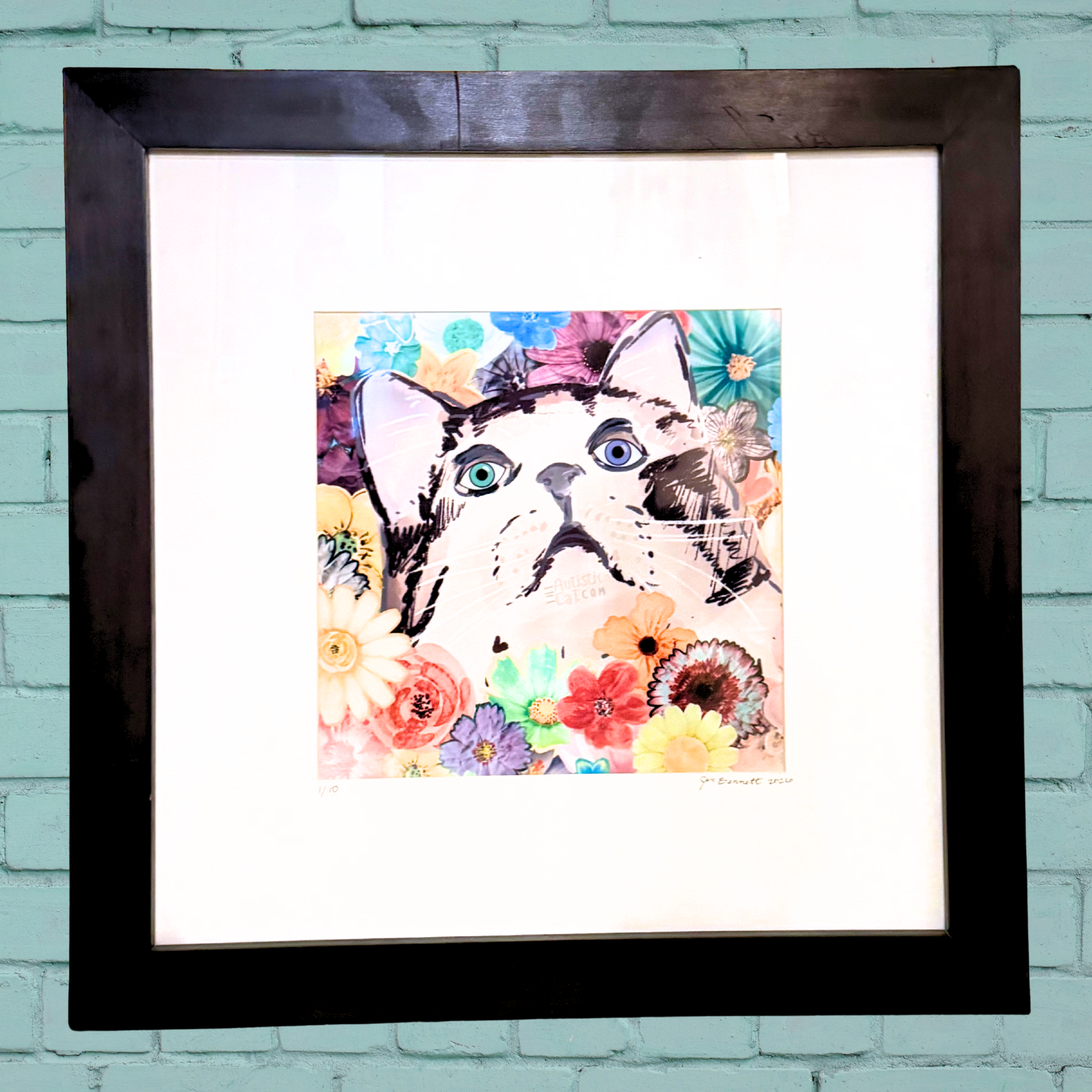 Colorful cat Image gazing up and surrounded by flowers