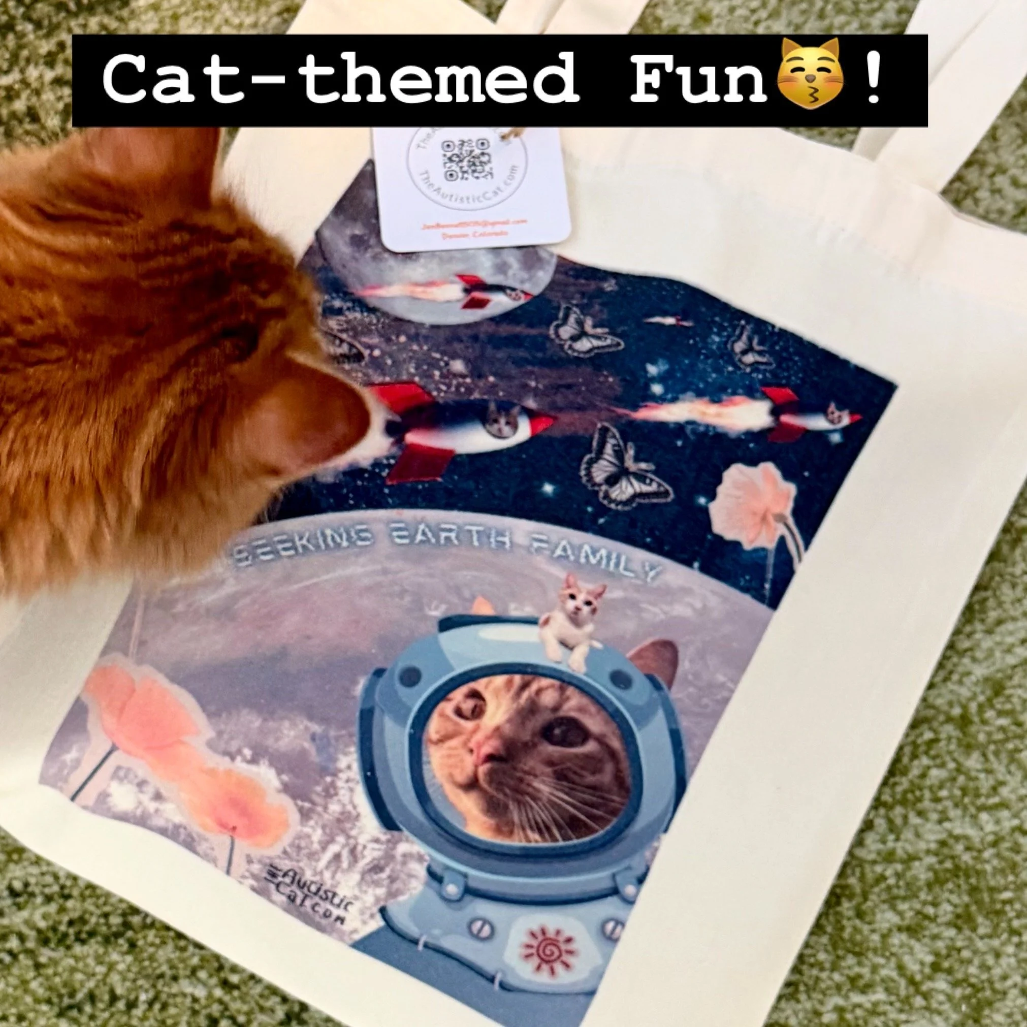 Space themed cat tote bag with cat astronaut