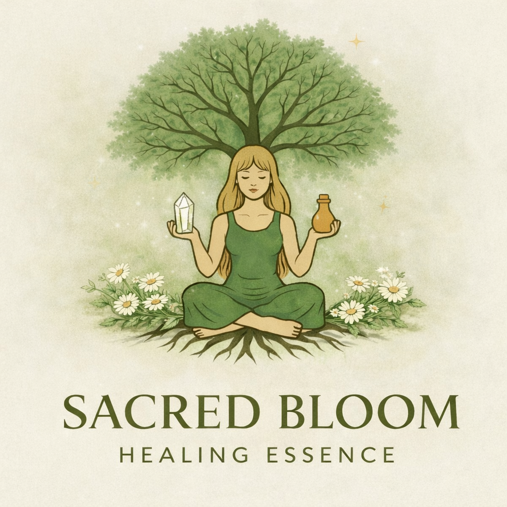 A women holding a crystal in one hand and a jar in the other, with an image of a tree and daisies beside her