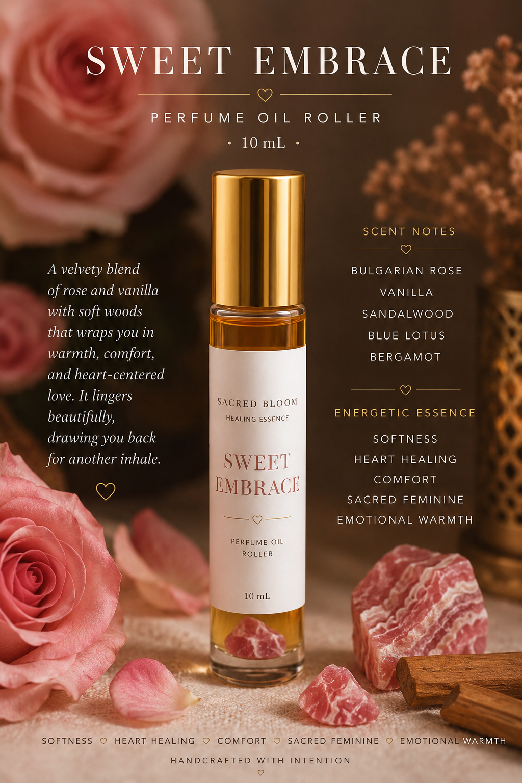 Sweet Embrace perfume oil roller with roses, rhodochrosite, and warm botanical elements in a soft romantic setting
