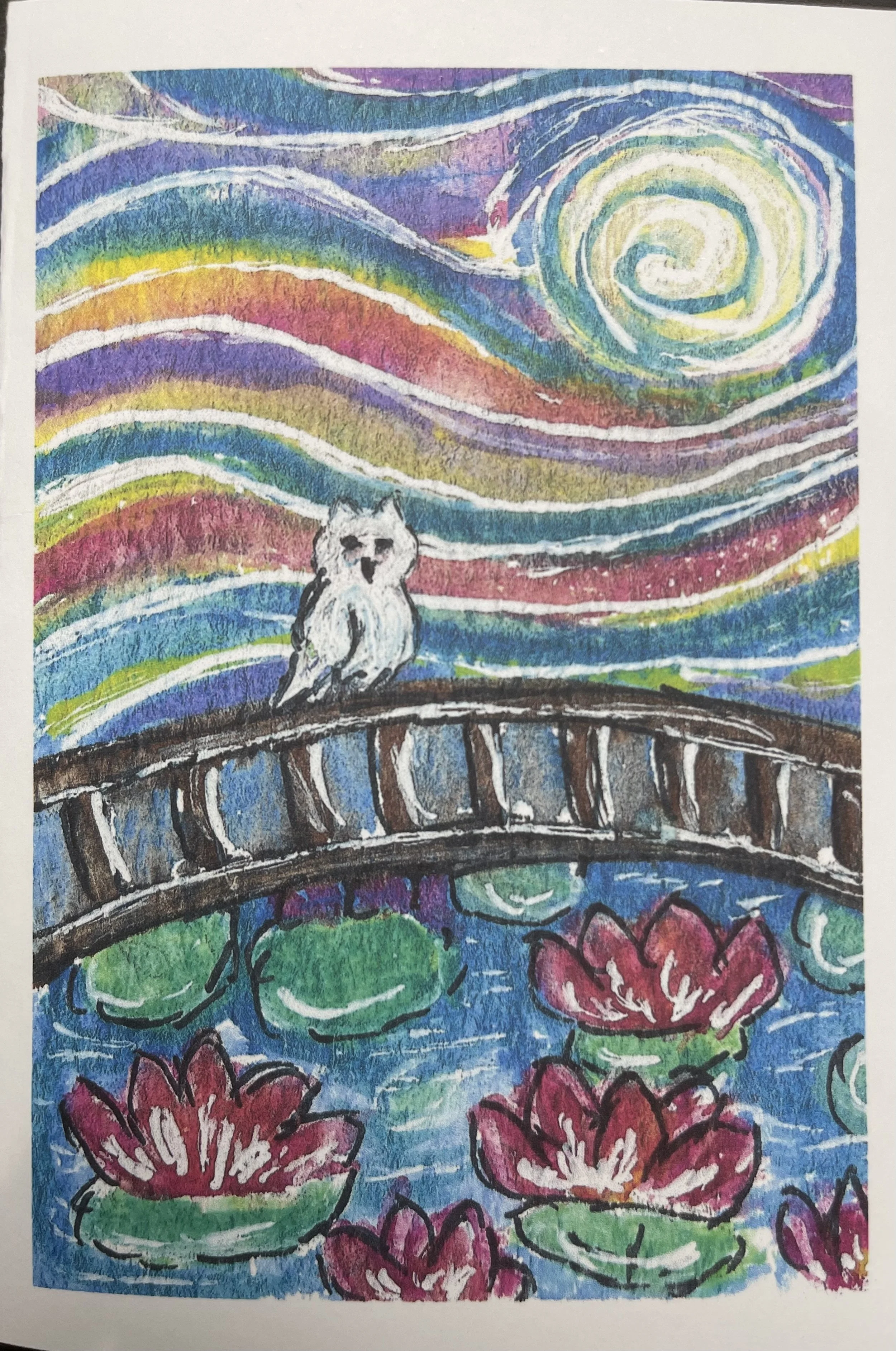 A magical greeting card featuring a whimsical owl, a moonlit swirling sky, and blooming lotus flowers