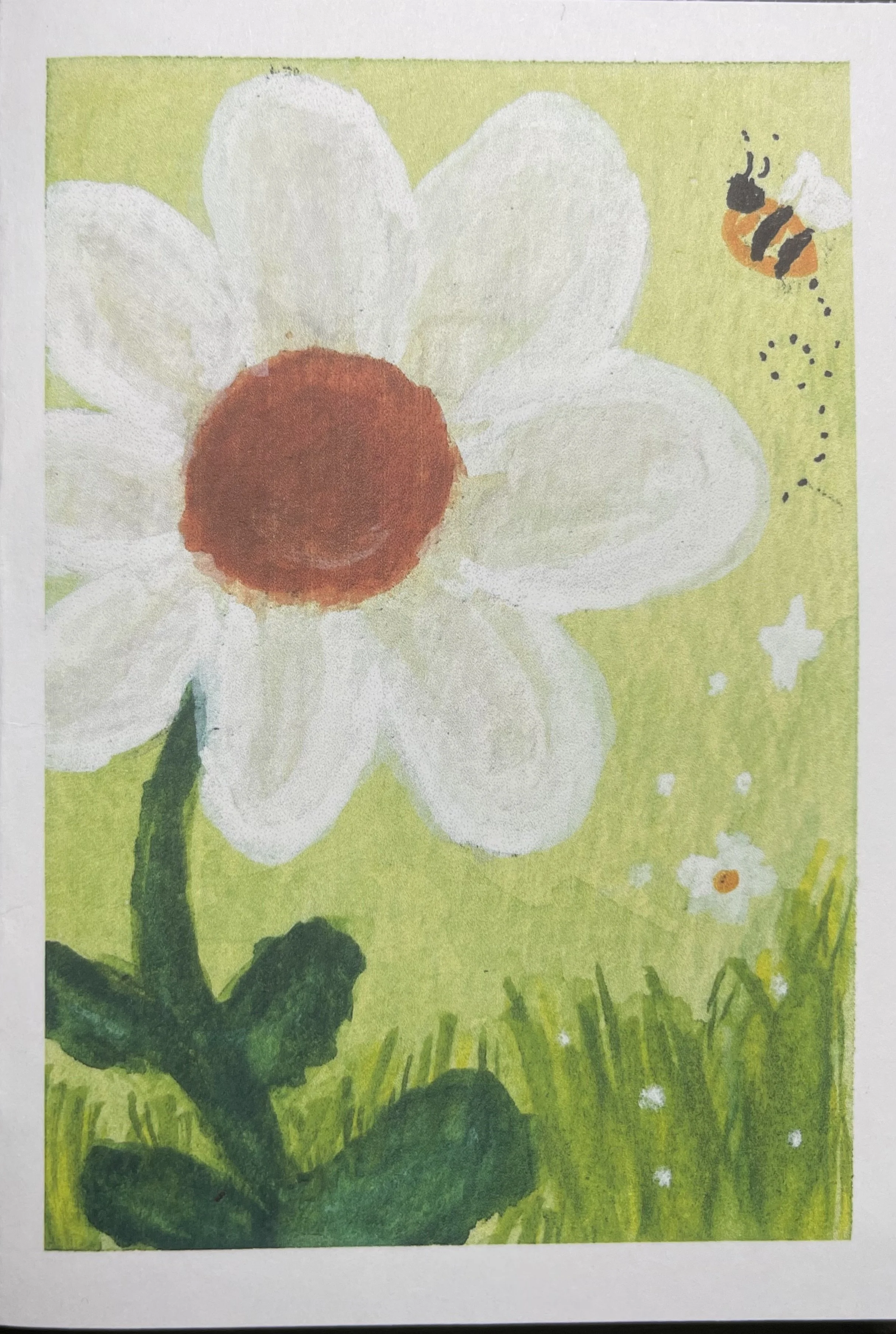A cheerful watercolor print greeting card featuring a white Daisy and a sweet little bumblebee