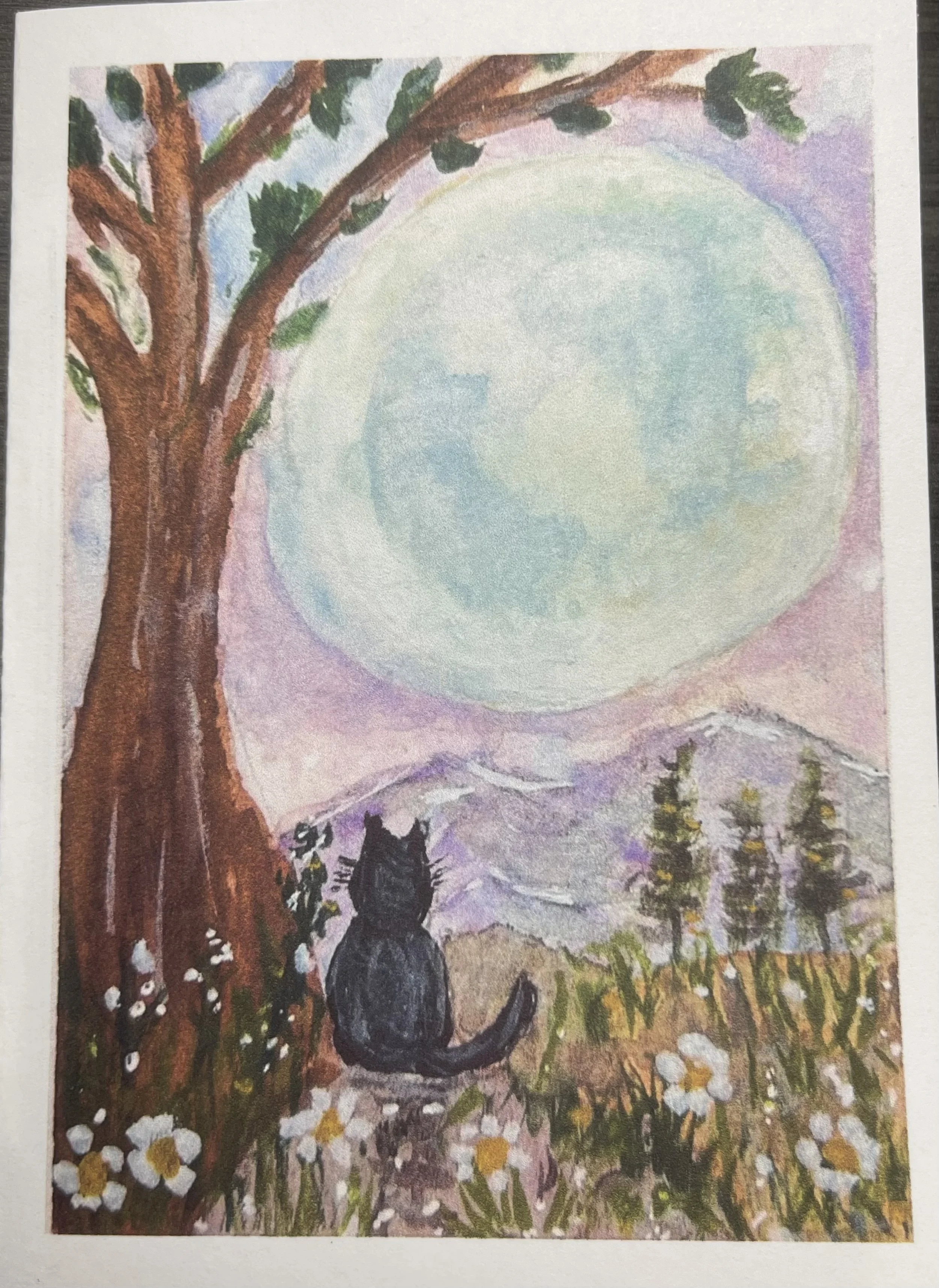 A whimsical watercolor print greeting card featuring a black cat beneath a magical moonlit sky
