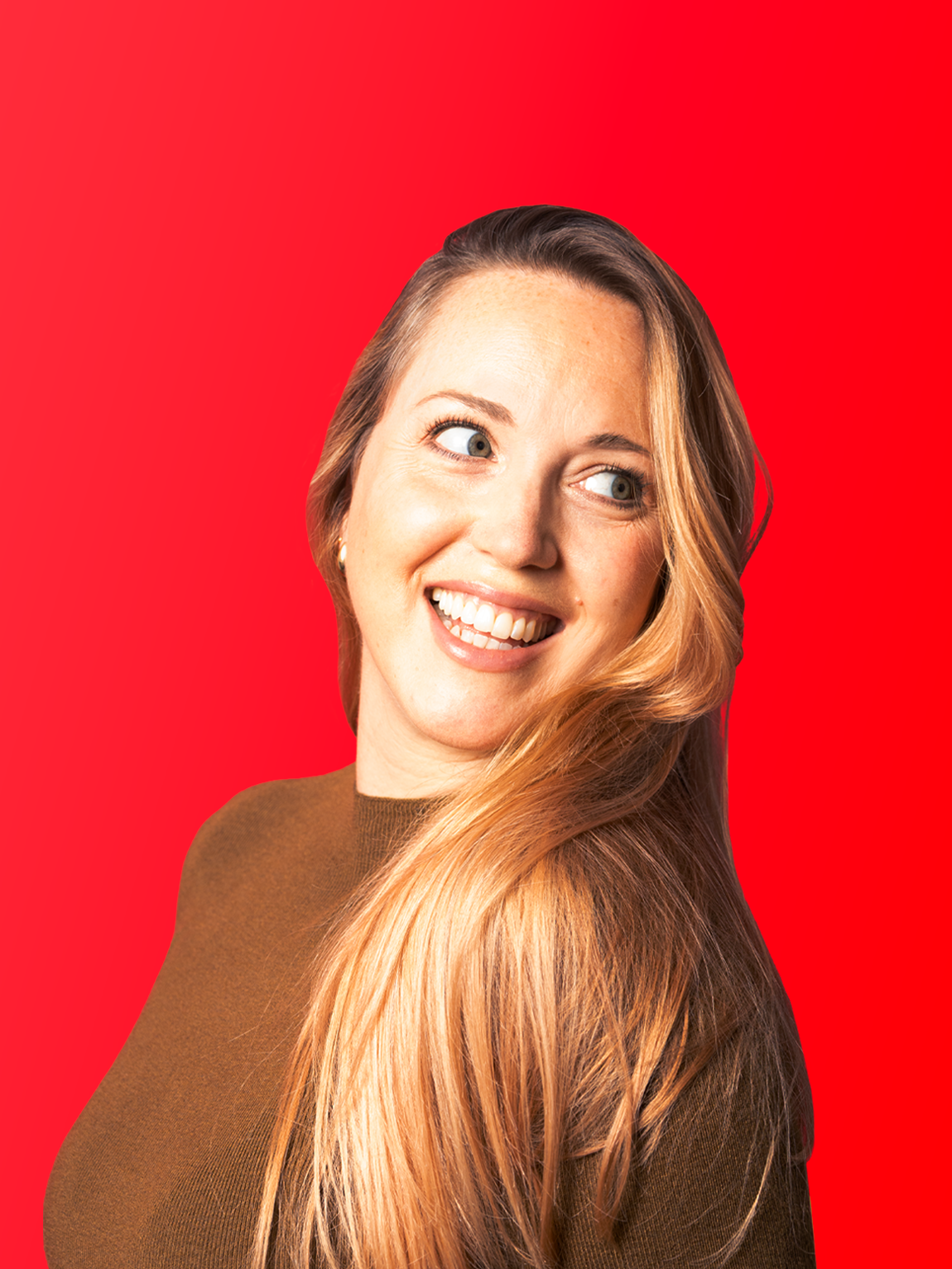 A young woman with long, wavy blonde hair, smiling and looking to the side, wearing a brown top, against a red background.