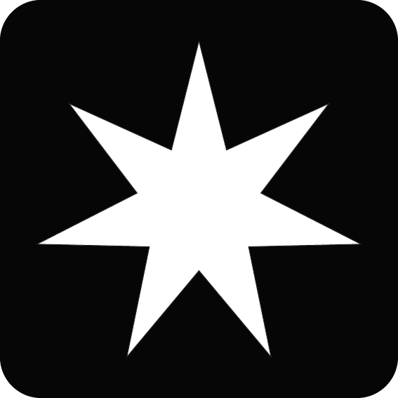 White star with eight points on a black background.