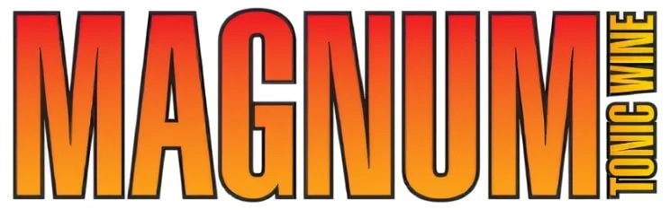 Logo for Magnum Tonic Wine with bold orange and yellow lettering.