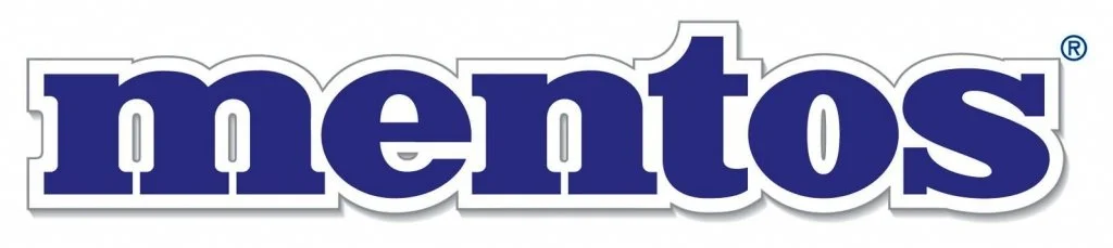 Mentos logo in blue font with white outline