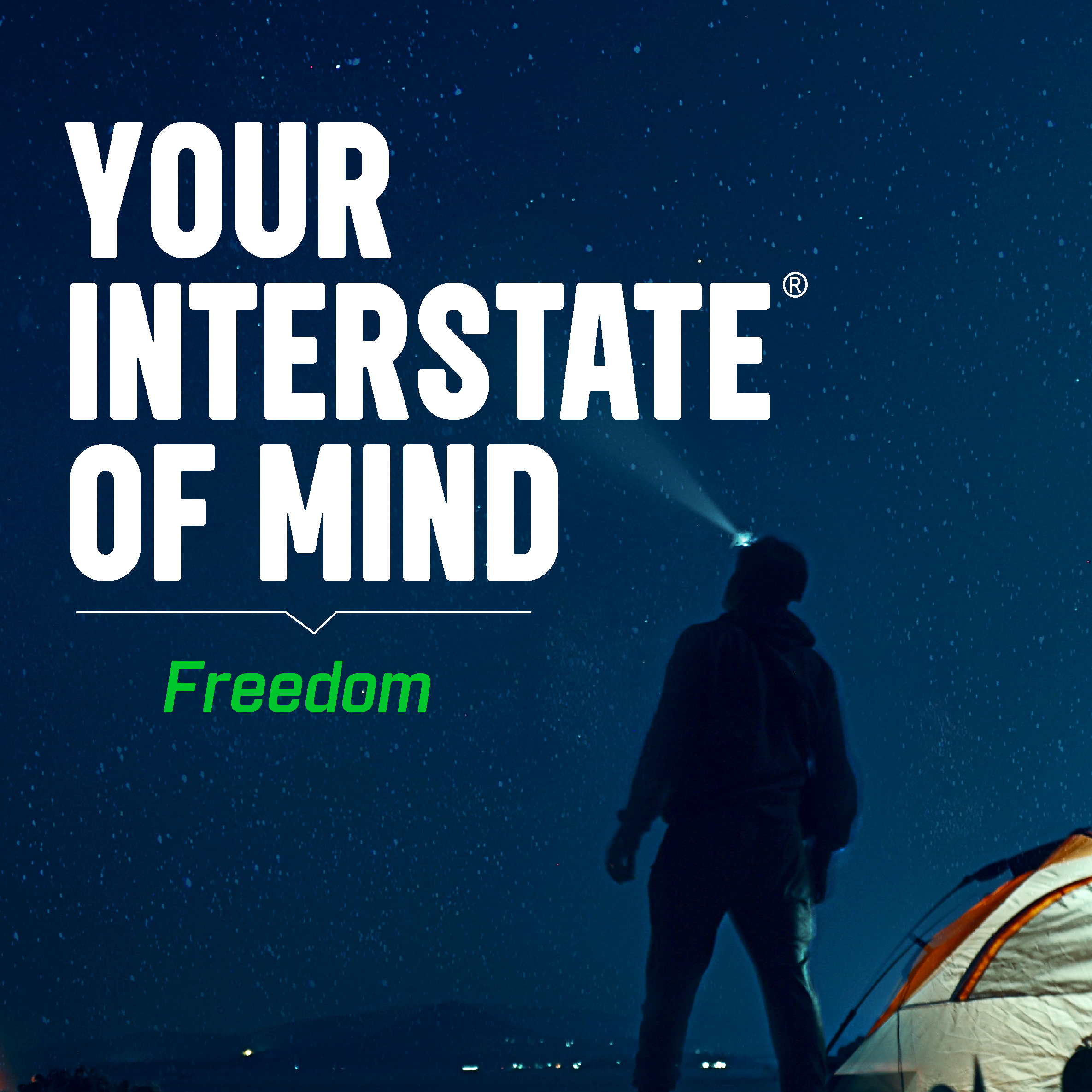 A person standing outdoors at night, illuminated by a flashlight, with a starry sky and a tent nearby, promoting freedom and mind expansion.