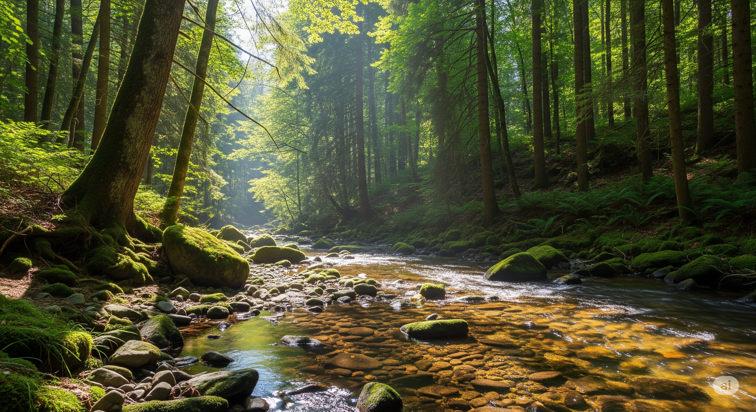 A serene forest scene with a stream flowing over rocks, surrounded by lush green trees and moss-covered stones.
