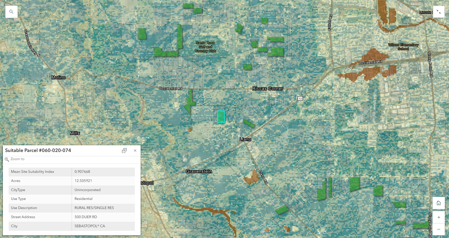 Screen shot of an online map interface showing suitable rural parcels
