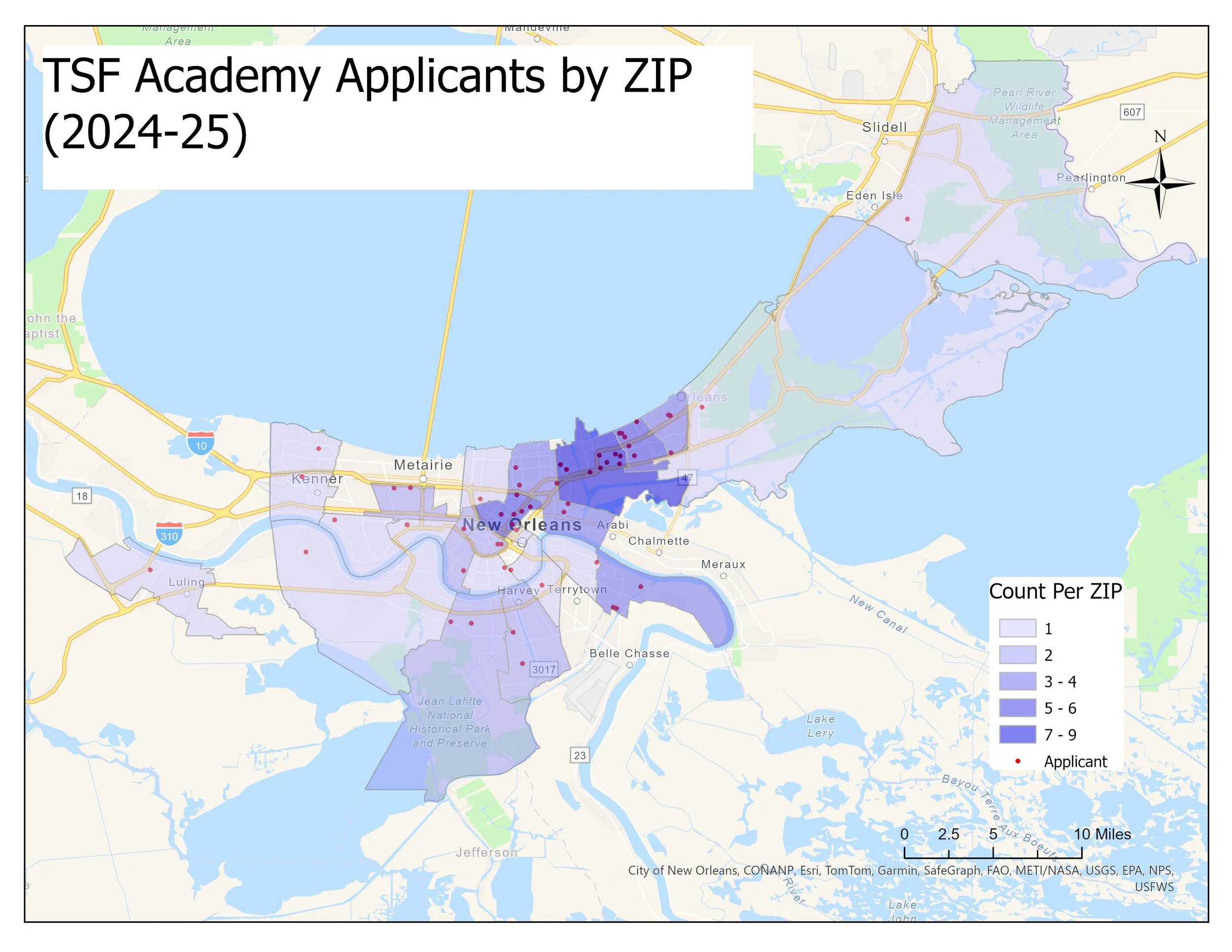 Program applicants are plotted on the map with the density of their distribution across ZIP codes visualized in purple.