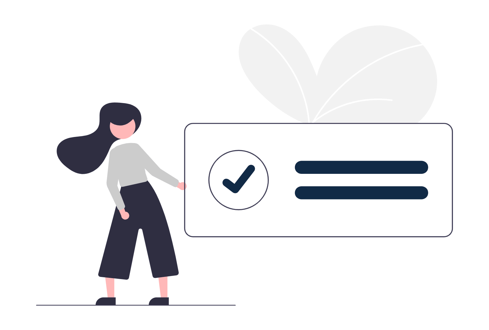 Woman standing beside a large checkmark icon and two horizontal lines.