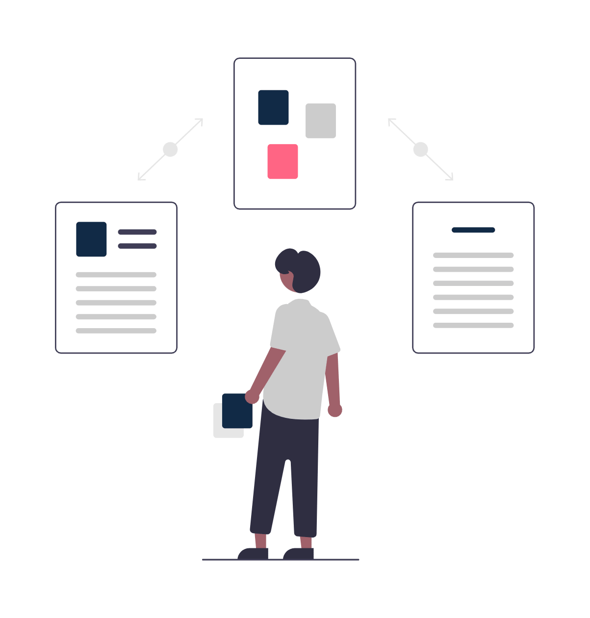Person analyzing different document layouts displayed around them.