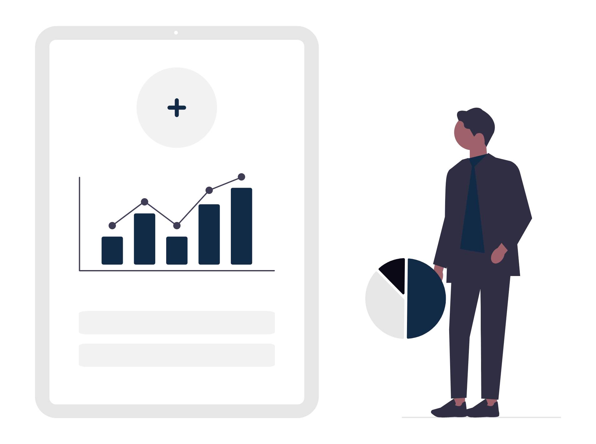 Man holding a pie chart, viewing bar and line graphs on a large tablet screen.