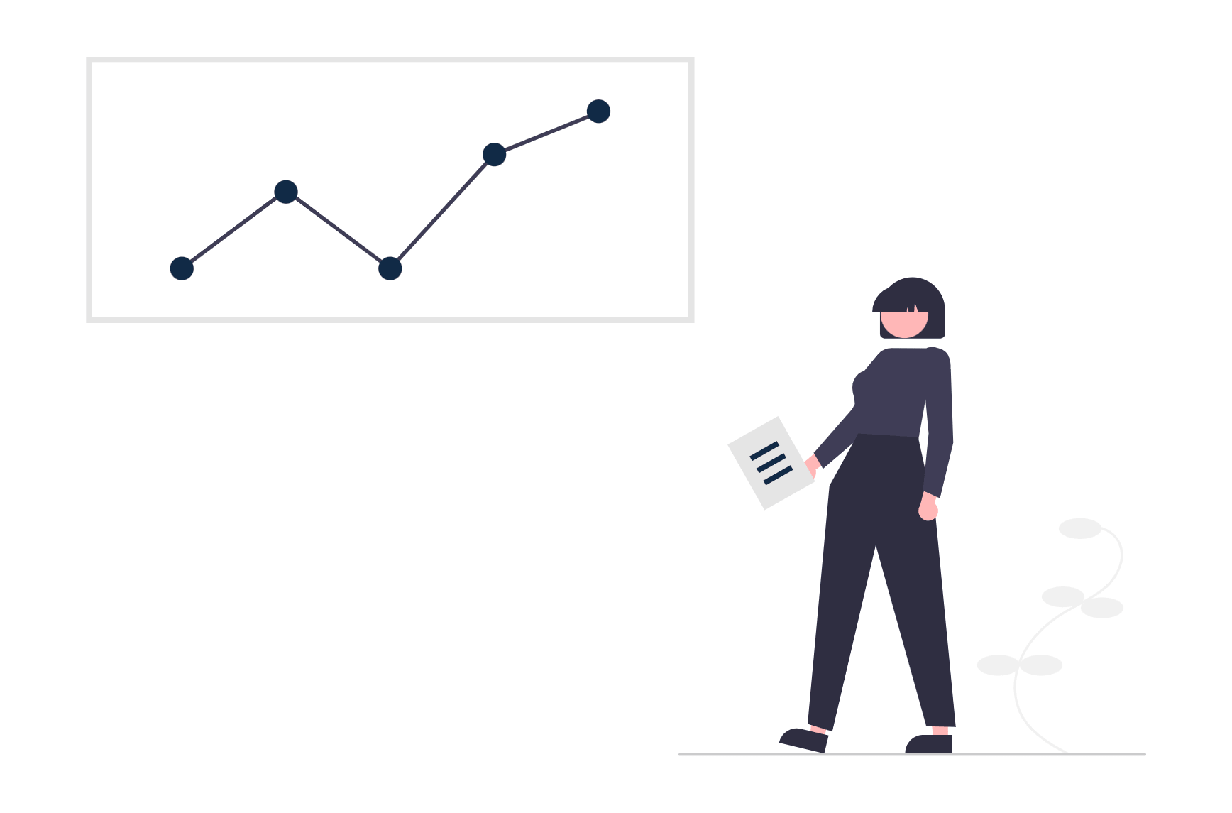 Woman holding documents while reviewing a line graph on a wall display.