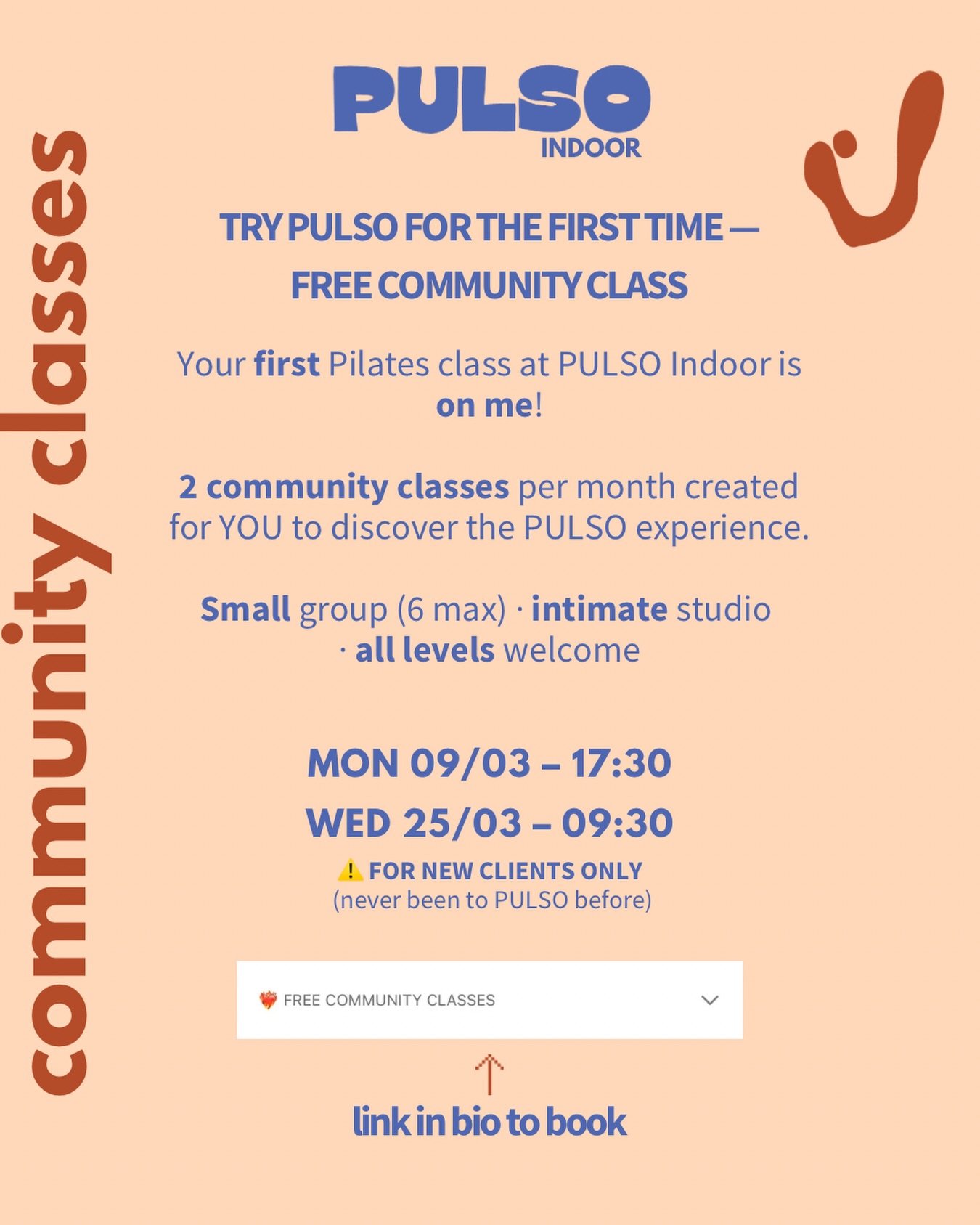 Thinking about trying Pilates but not sure where to start?

Come experience PULSO, for free 🔥

The community classes are designed to welcome you into the space, meet the vibe and move in a small, supportive group.

💌 First class is on me
Spots are 