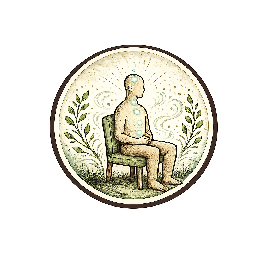 Illustration of a person sitting cross-legged on a chair, with chakras aligned along the body, surrounded by green plants and swirling energy, representing meditation or spiritual healing.
