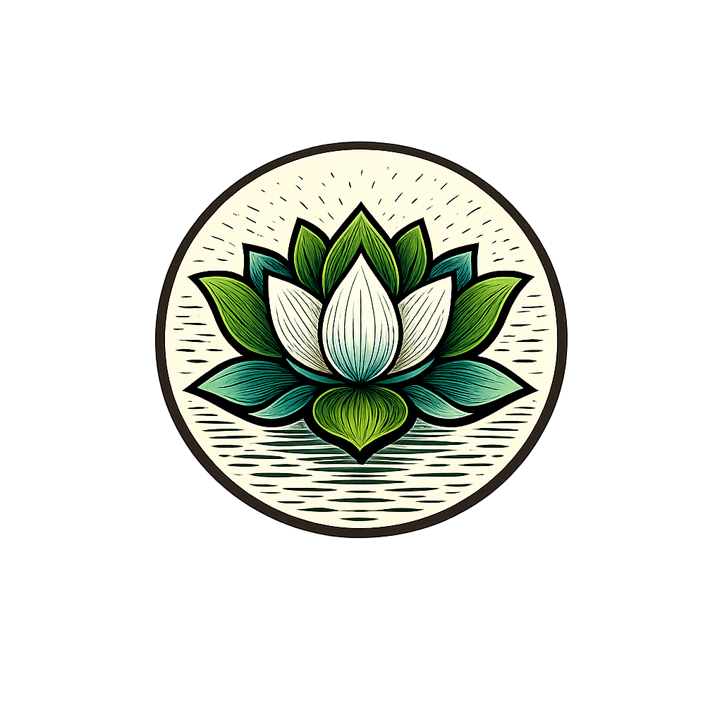 Stylized illustration of a lotus flower with green and white petals inside a circle, surrounded by small radiating lines.