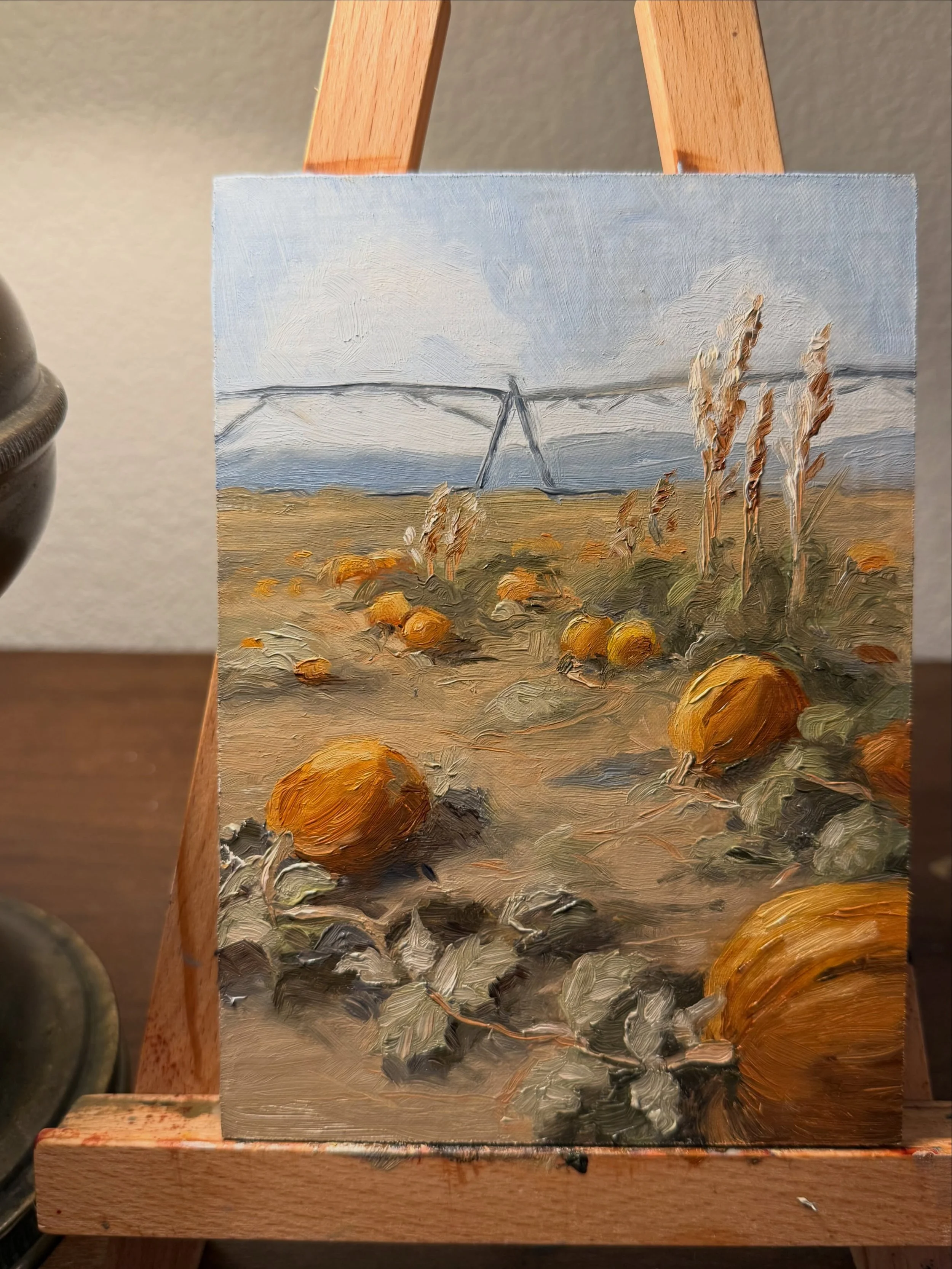 Oil painting of pumpkins in a field with irrigation and the Rocky Mountains at Schubert Farms, Colorado.