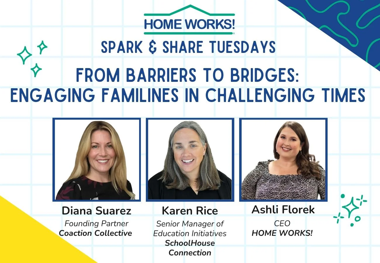 ✨ In Case You Missed It: Spark &amp; Share Recording! ✨

Families are key to student success, even when challenging circumstances make engagement tough. 💬

HOME WORKS! CEO Ashli Florek spoke with Diana Suarez (@coaction_collective ) and Karen Rice (