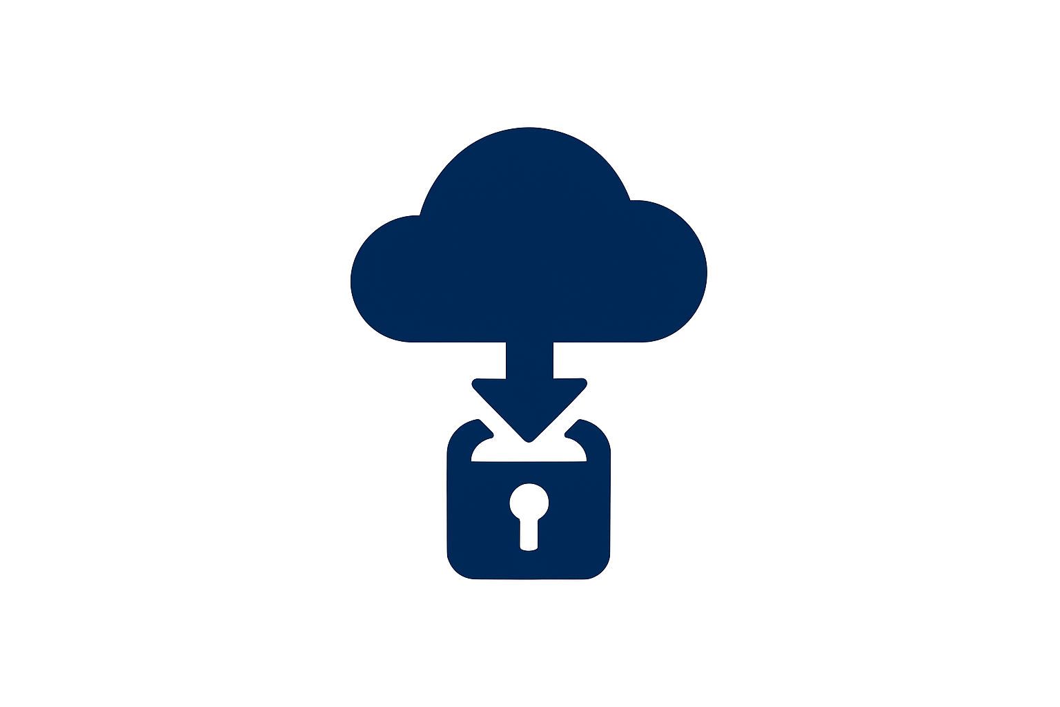 A dark blue cloud icon with a downward arrow pointing into a closed padlock, symbolizing cloud security or data protection.