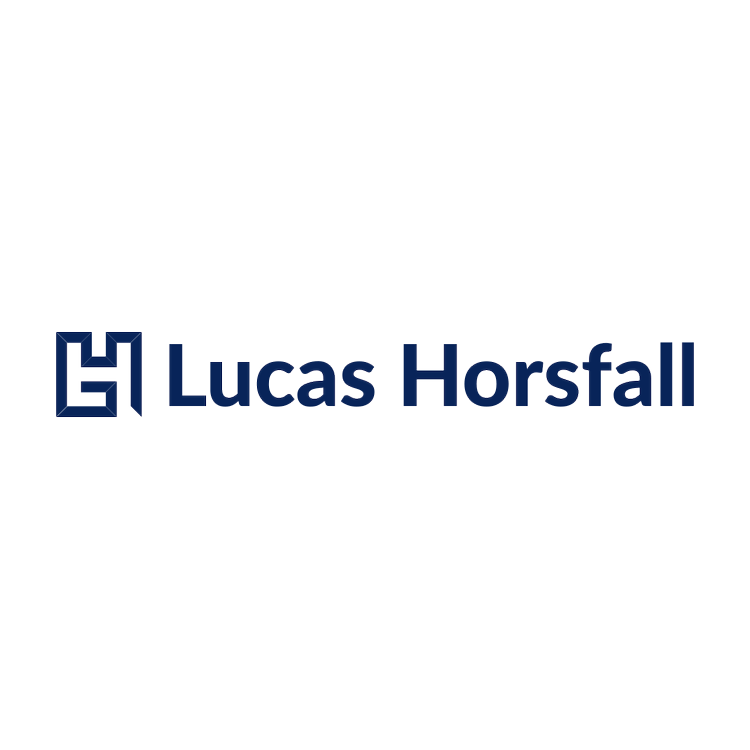 Lucas Horsfall logo with a stylized 'L' and 'H' in a geometric design, accompanied by the company name in bold blue text.