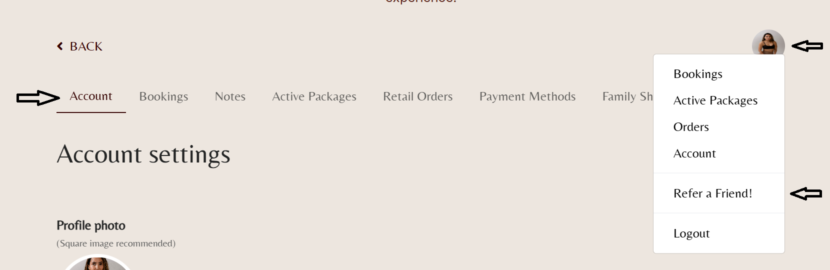 This image is a screenshot of the logged in account page. The image shows the tabs that need to be selected as directed to the left.