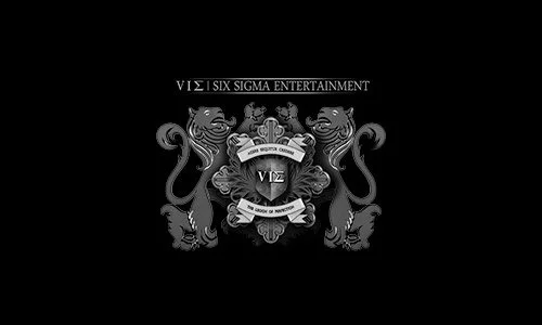 Black background with a detailed crest featuring two lions, a crown, and a ribbon with text, and the words 'VI$I SIX SIGMA ENTERTAINMENT' displayed above the crest.