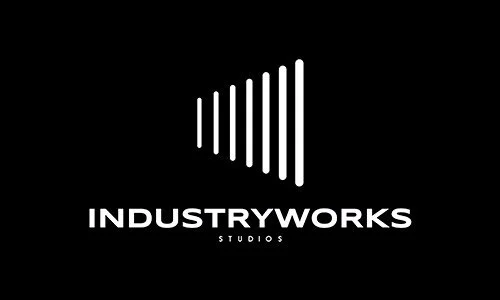 Logo of IndustryWorks Studios with stylized vertical bars forming a triangular shape above the text.