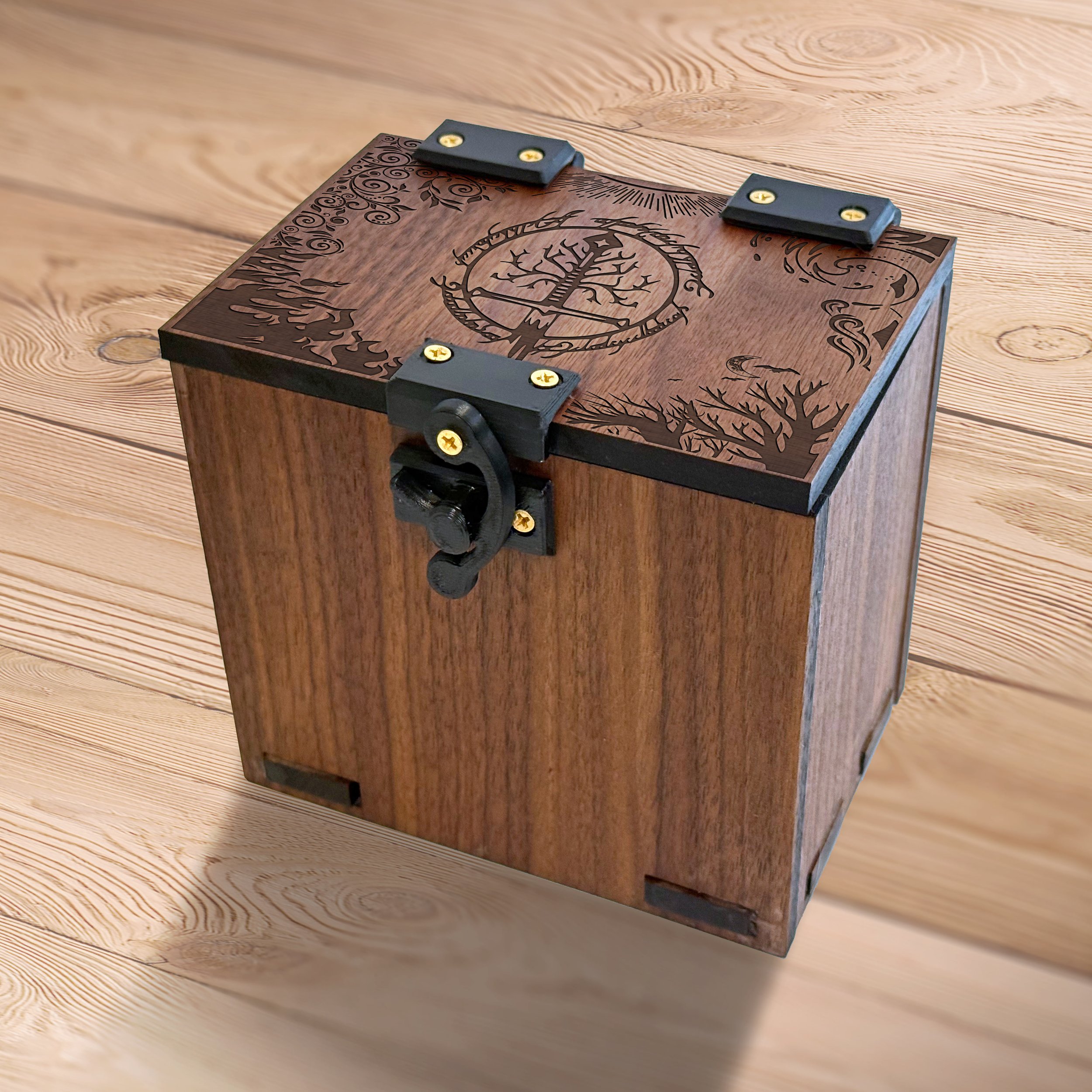 MTG Deck Box LOTR: 100+ Cards, Dice Tray, Commander EDH, Handmade Walnut Wood, Sword and Tree Theme