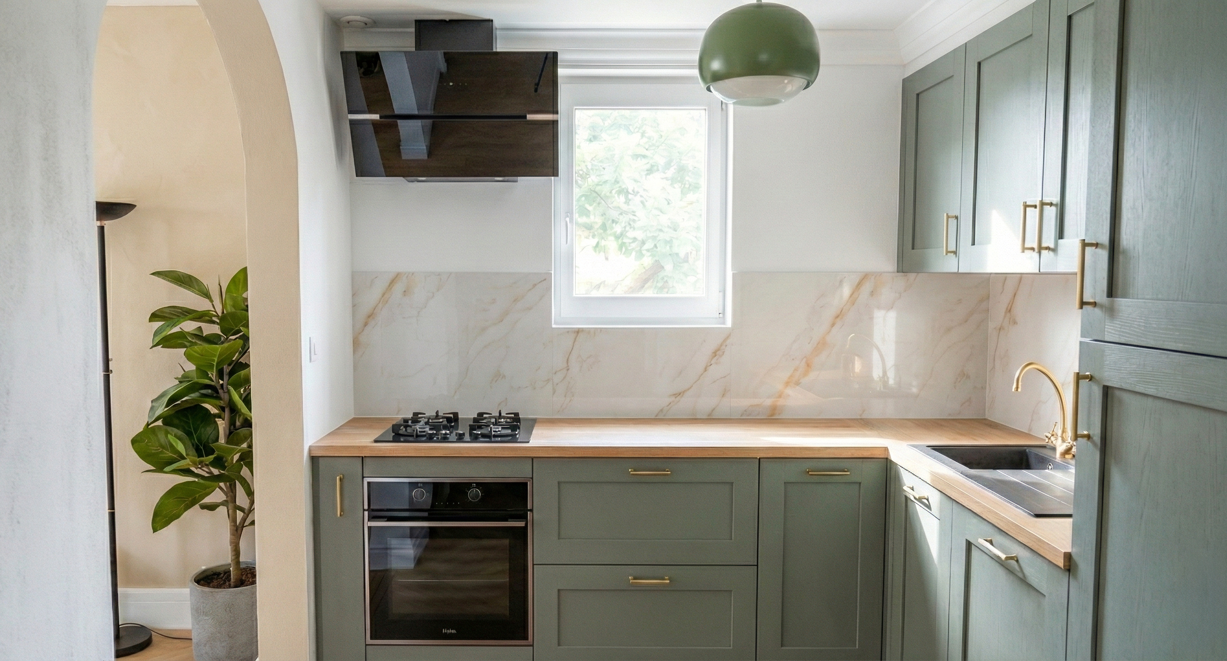 Vue de la cuisine – meubles vert sauge style shaker, crédence effet marbre, suspension verte et robinetterie laiton doré – aménagement intérieur maison, Anthony Mambré Design