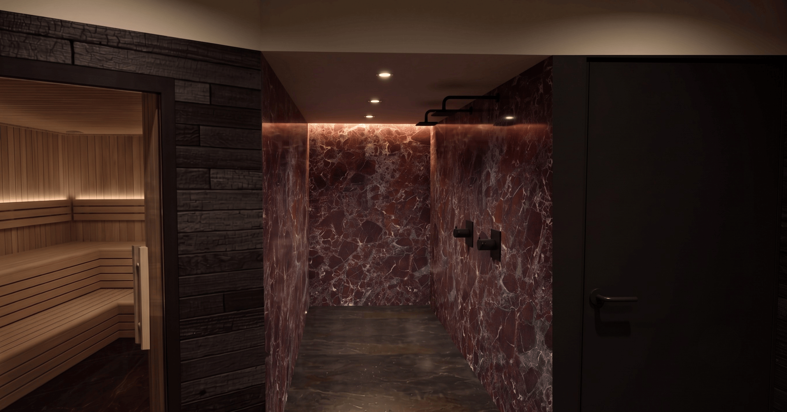 Salle de spa avec cabine de sauna en bois à gauche et cabine de douche avec marbre rouge à droite haut de gamme. Anthony Mambré Design