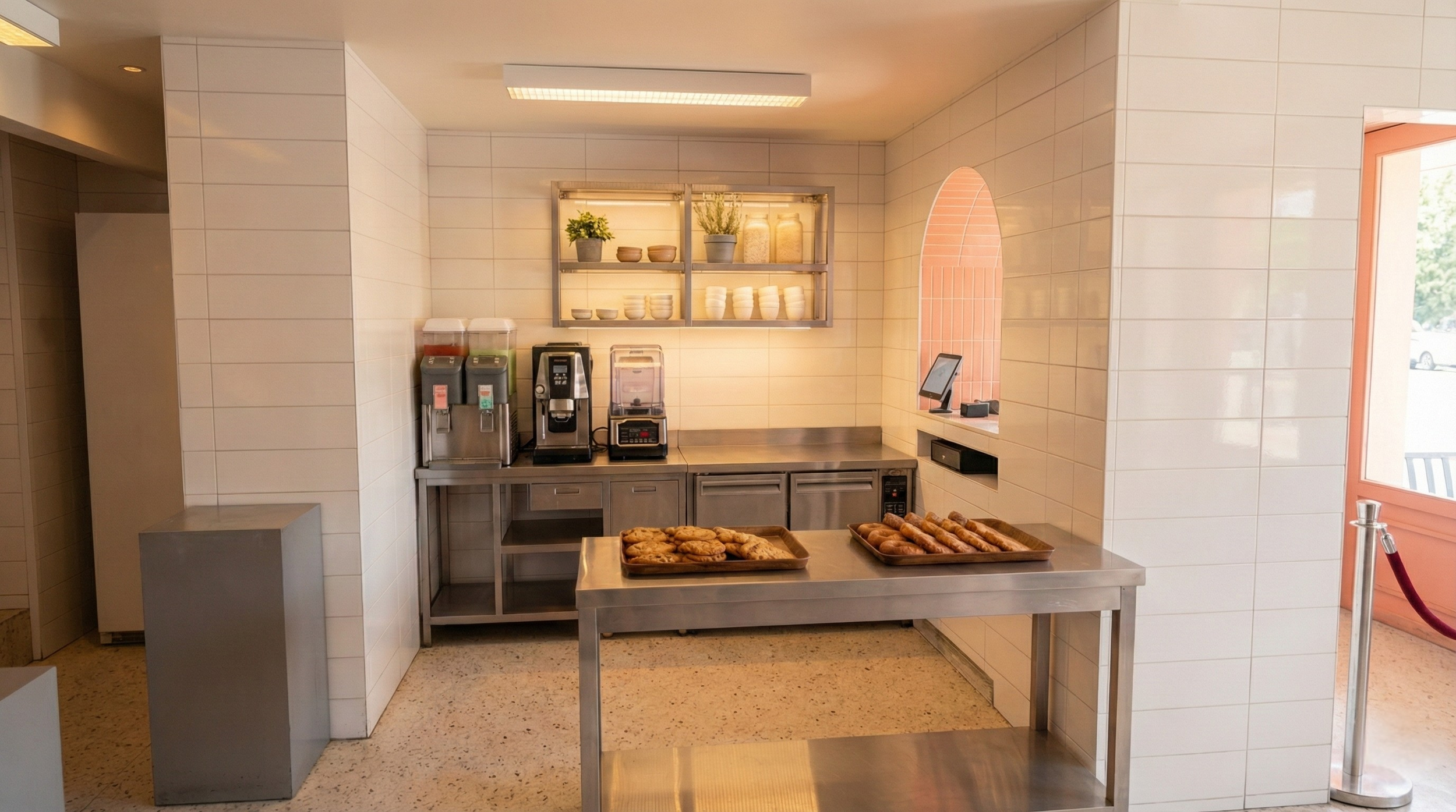 Espace de préparation pâtisserie avec comptoir inox, étagères rétroéclairées encastrées, arche rose poudré et ouverture sur la boutique – conception commerce Lyon, architecte d'intérieur Anthony Mambré Design