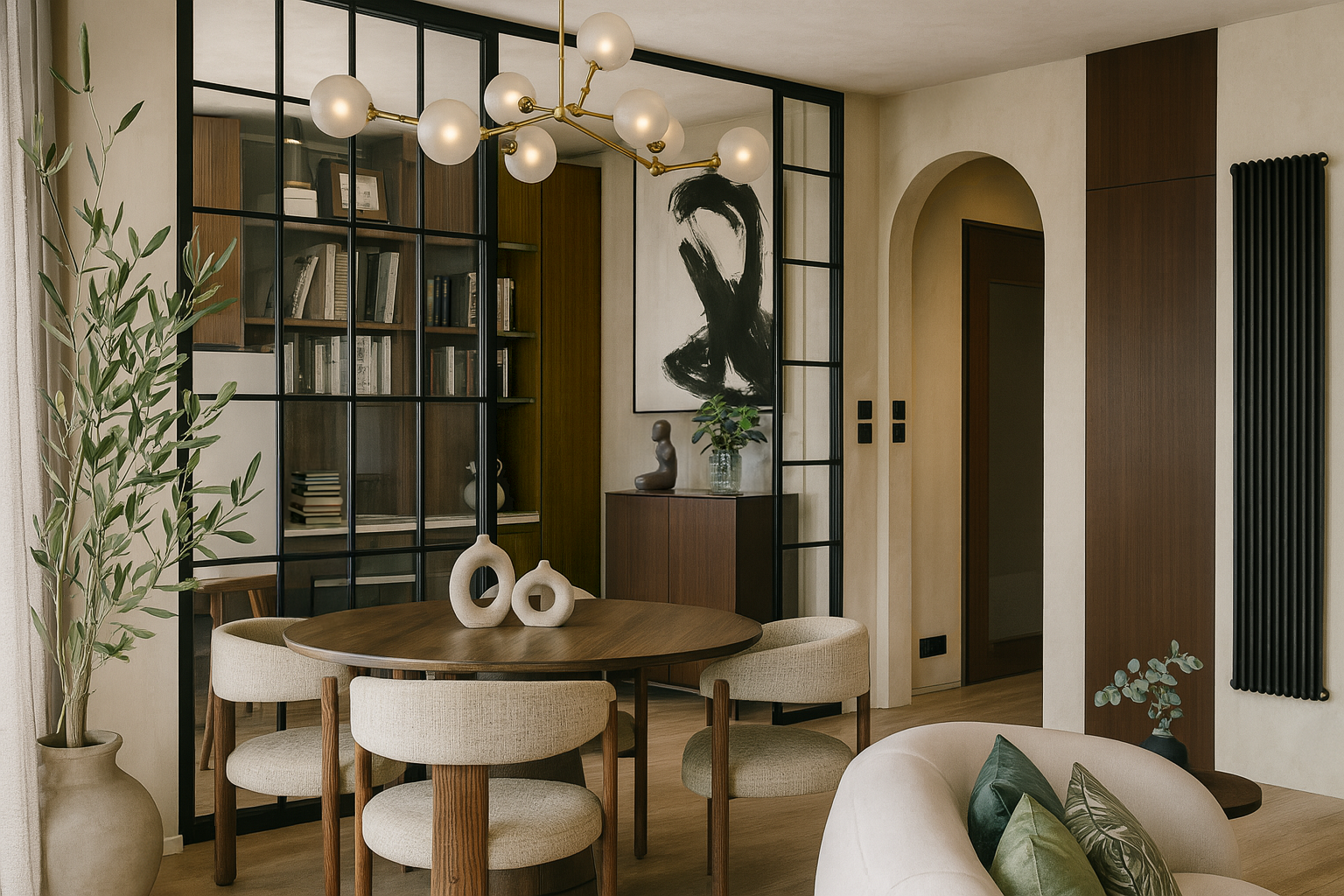 Salon avec verrières acier noir intégrées à une bibliothèque noyer, table ronde bois, lustre laiton sphères et arche architecturale – conception appartement 80m², architecte d'intérieur Anthony Mambré Design