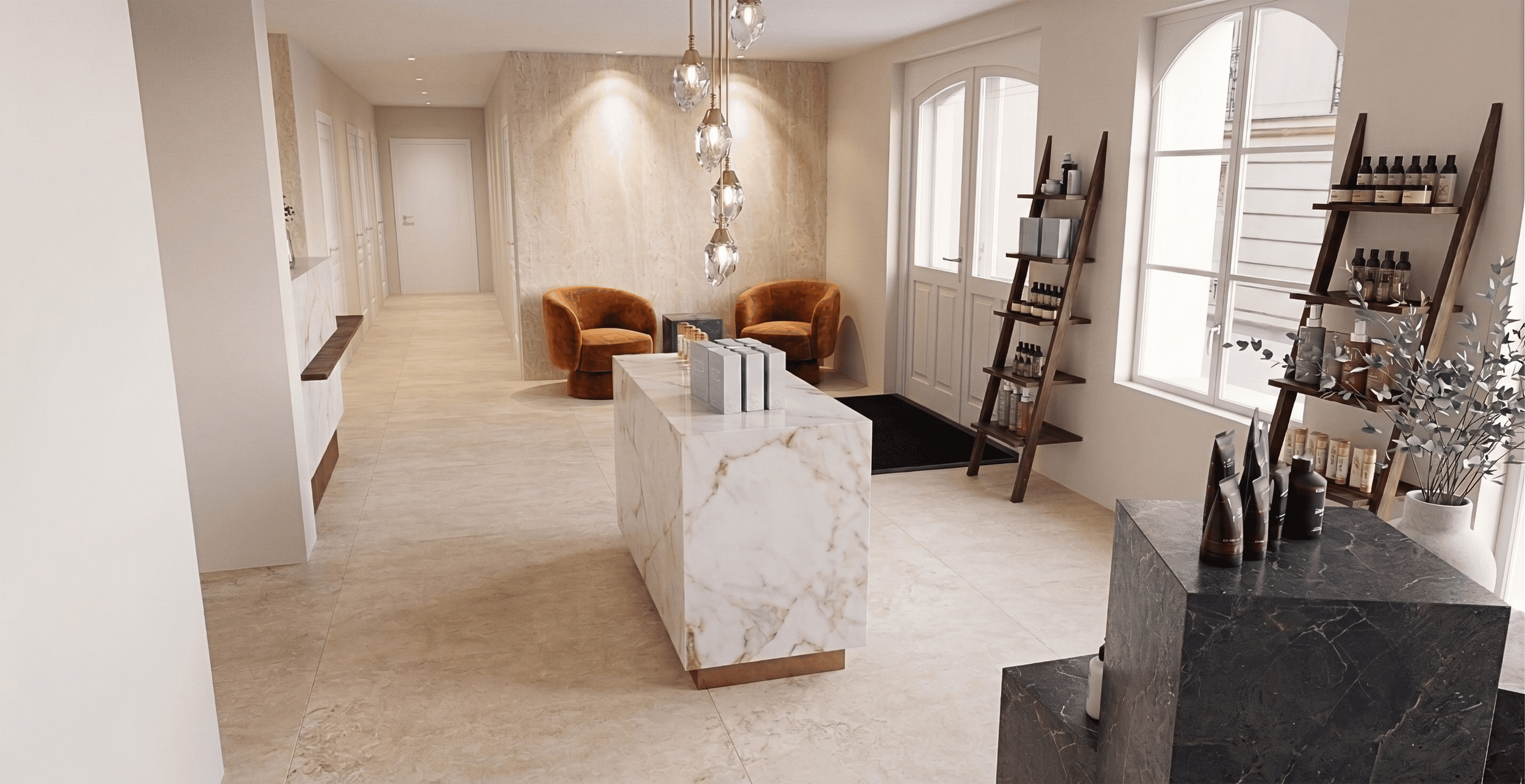Un accueil et boutique moderne et haut de gamme, avec deux fauteuils orange en velours, des étagères en bois avec des produits de beauté, un comptoir en marbre blanc, et de grandes fenêtres laissant entrer la lumière naturelle. Anthony Mambré Design
