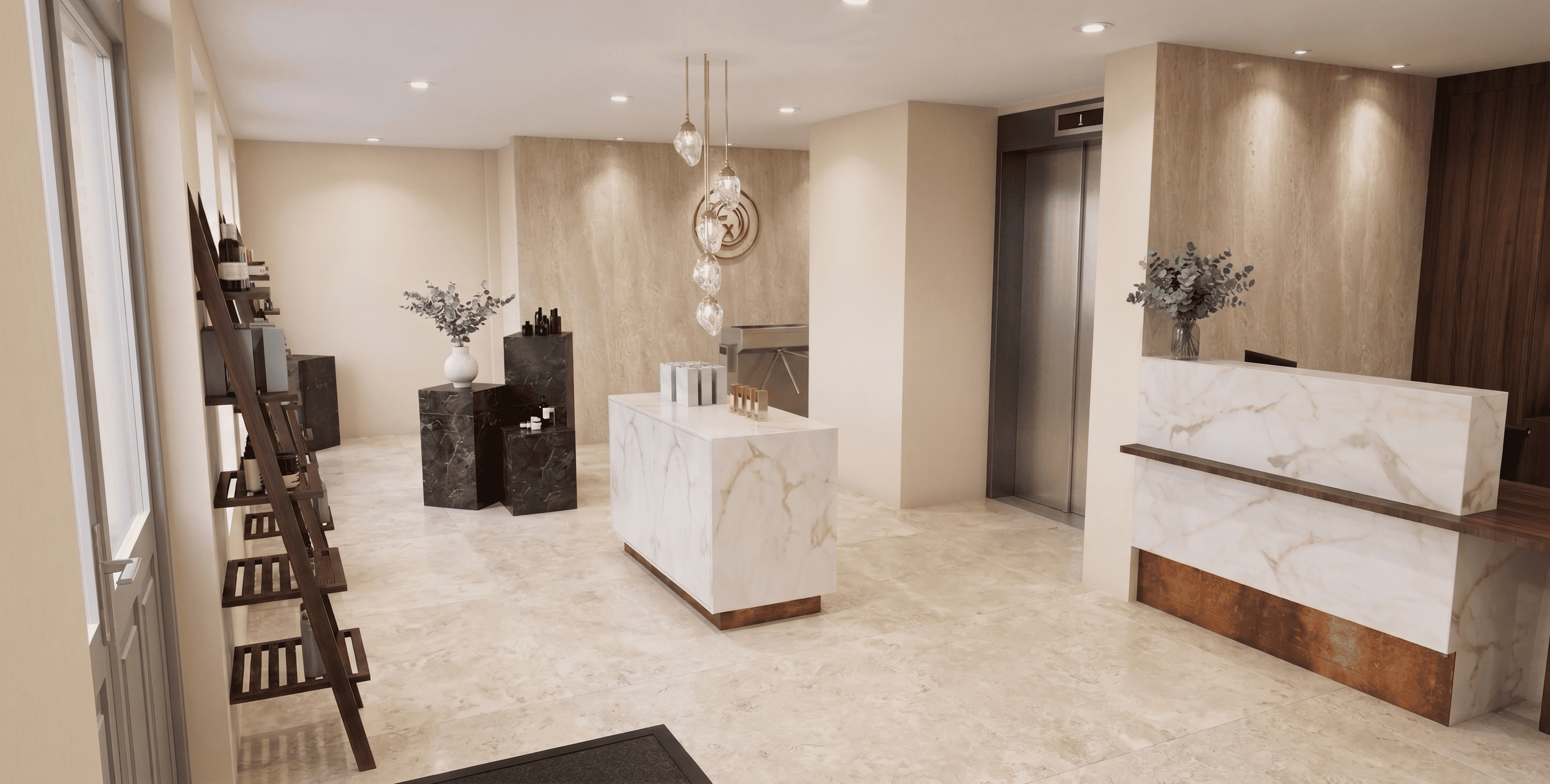 Intérieur d'un hall d'entrée avec réception en marbre, un ascenseur, et des décorations modernes haut gamme luxe, boutique. Anthony Mambré Design