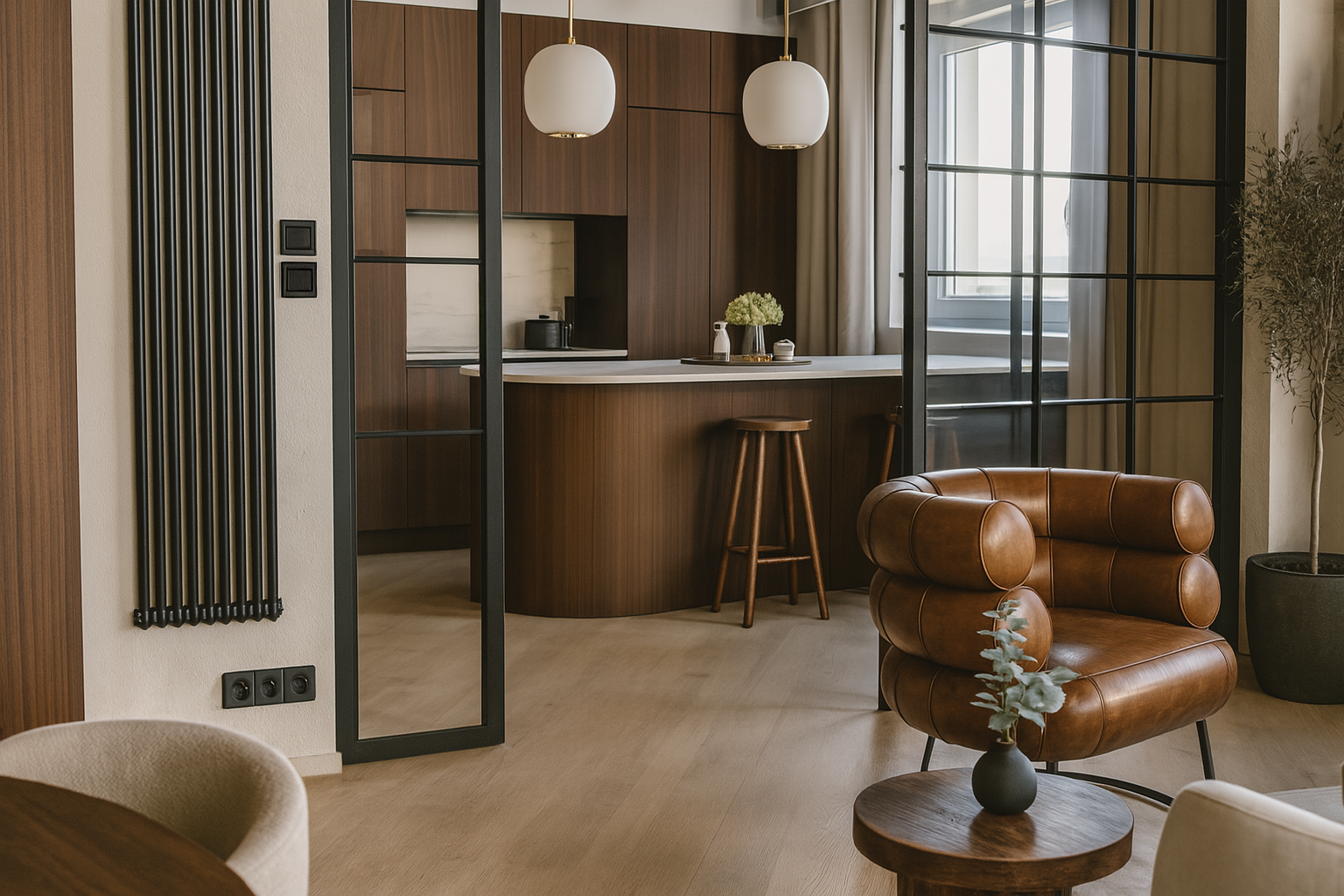 Vue salon-cuisine avec verrières acier noir, fauteuil cuir cognac design organique, îlot arrondi noyer et parquet clair – aménagement appartement ouvert, Anthony Mambré Design architecte d'intérieur