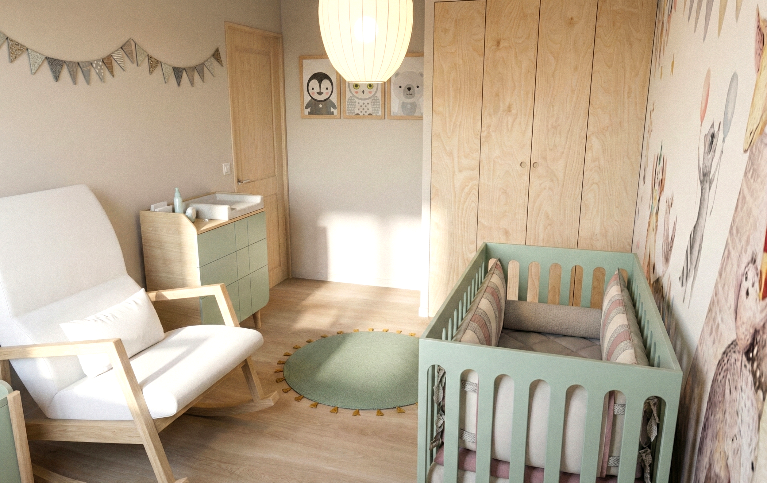une chambre pour bébé avec un berceau vert, un fauteuil blanc avec cadre en bois, une commode verte, un mur avec des illustrations d'animaux et une bannière en tissu, un tapis rond vert, et une armoire en bois naturel.