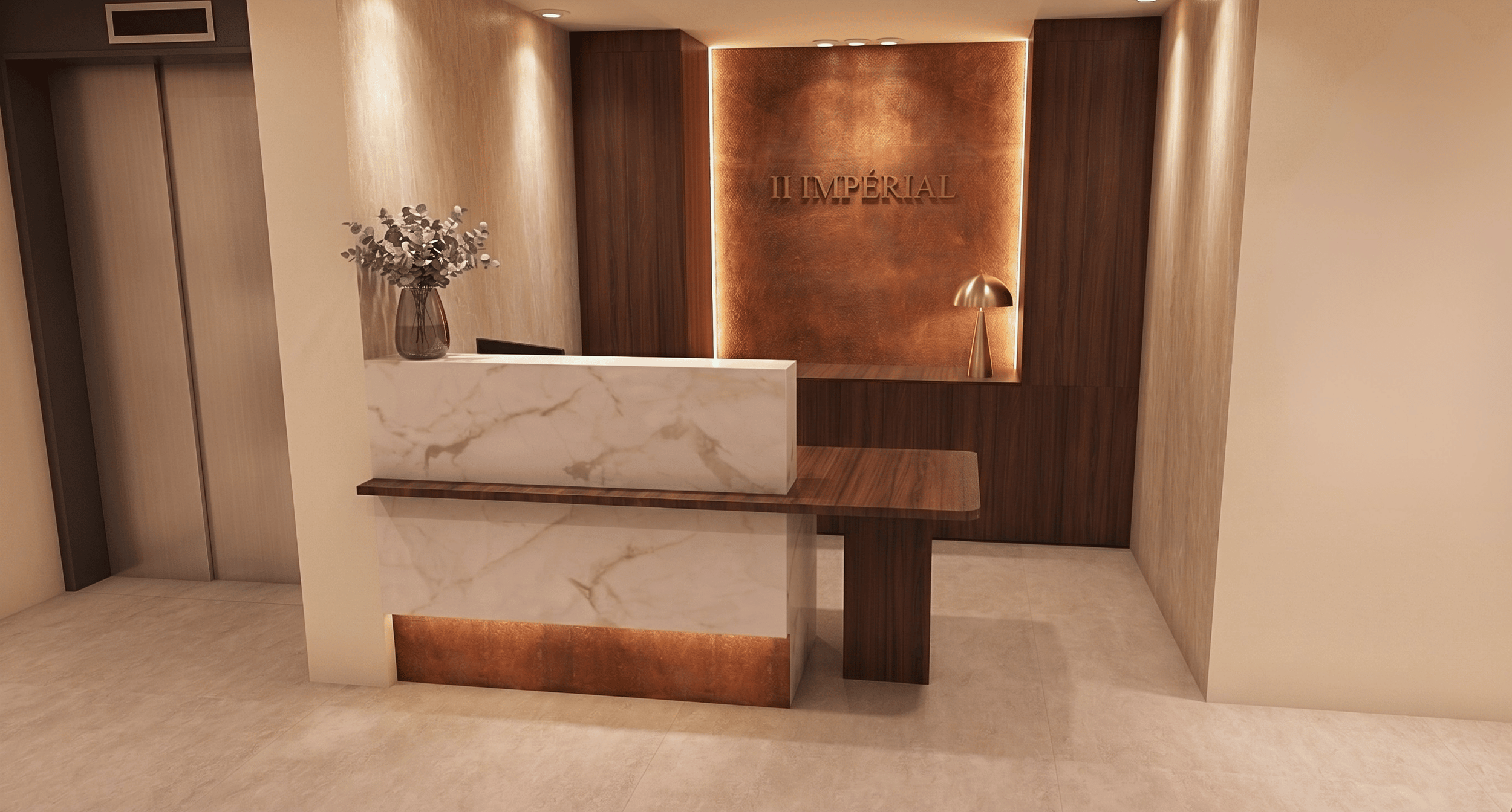 Réception d'un spa avec un comptoir en marbre blanc, une vase avec des fleurs, un mur en bois avec un éclairage intégré, et une lampe design, haut de gamme. Anthony Mambré Design