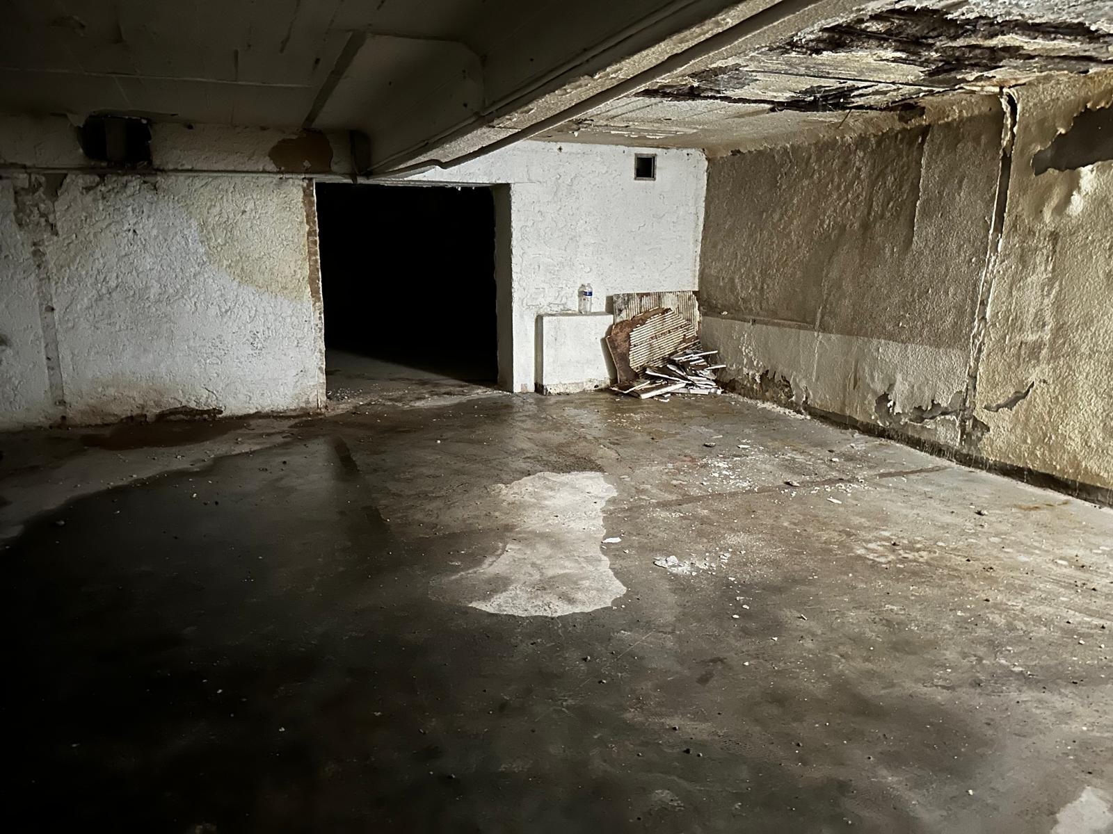 Un espace en sous-sol avec des murs sales et une surface de sol en béton craquelé, de la poussière et des débris, une ouverture menant à une pièce sombre.