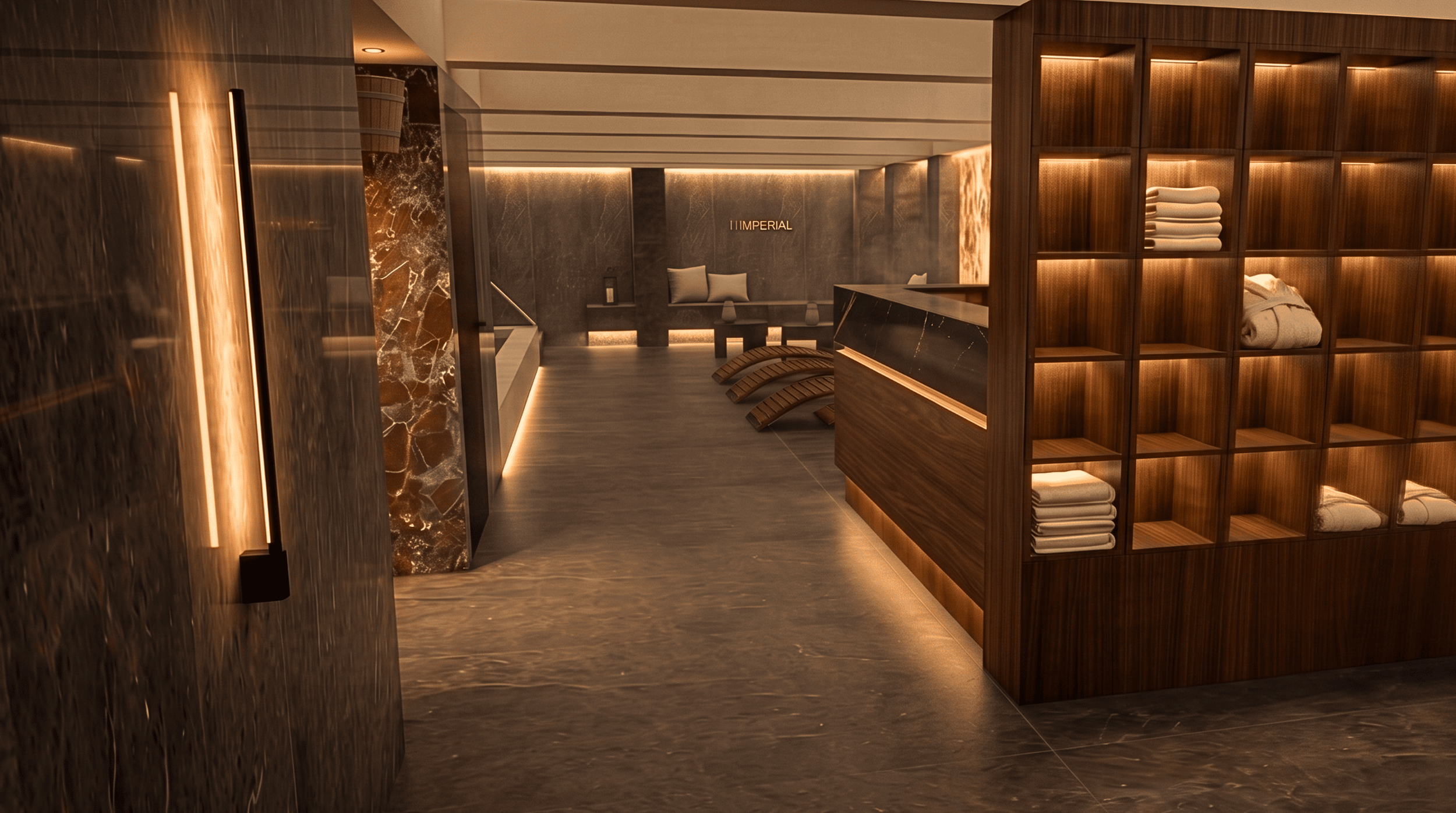 Zone de spa avec un bar, un mur en carrelage, des étagères en bois avec des serviettes pliées et un coin salon avec des coussins, dans un spa élégant et haut de gamme. Anthony Mambré Design