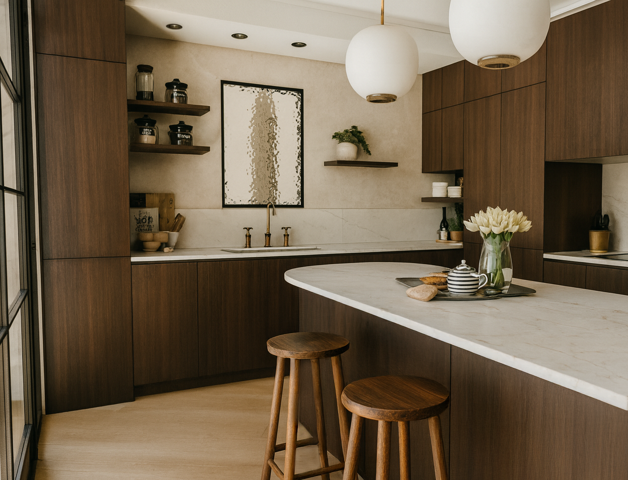 Cuisine sur mesure avec îlot arrondi en noyer foncé, plan de travail marbre blanc, robinetterie laiton et suspensions globes opalines – conception appartement Bordeaux, Anthony Mambré architecte d'intérieur