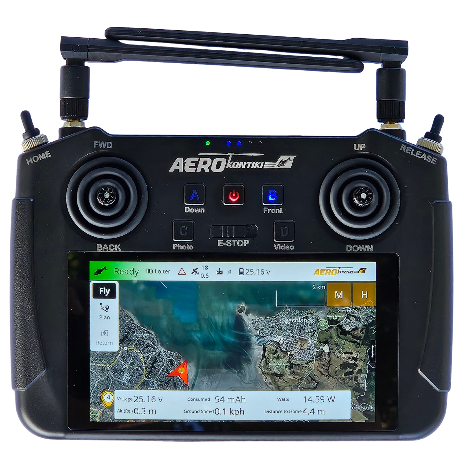 Remote control device with a screen displaying a drone's flight map, status information, and controls. The device has various buttons, joysticks, and indicator lights.