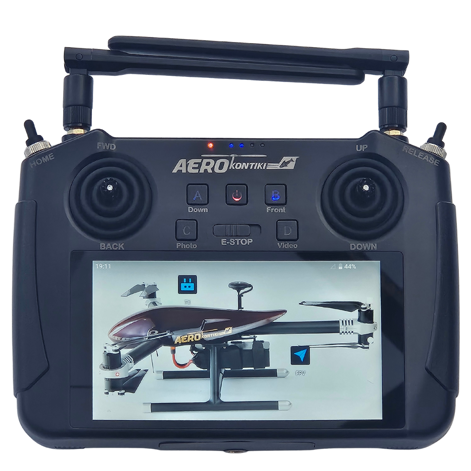 Remote control for a drone with a screen displaying a model drone.