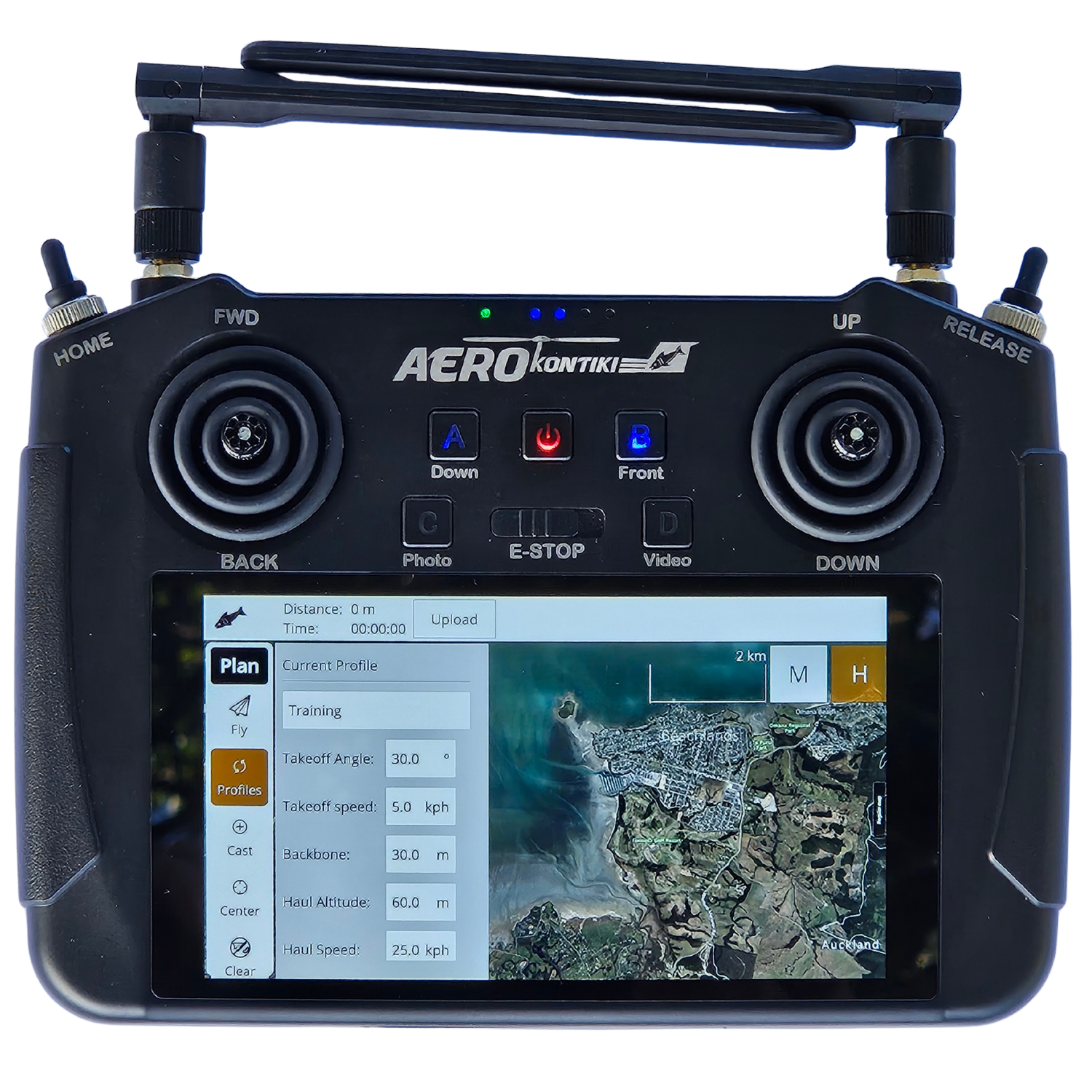 Remote control device for drone with a screen displaying a map and flight data, branded AeroKontiki.
