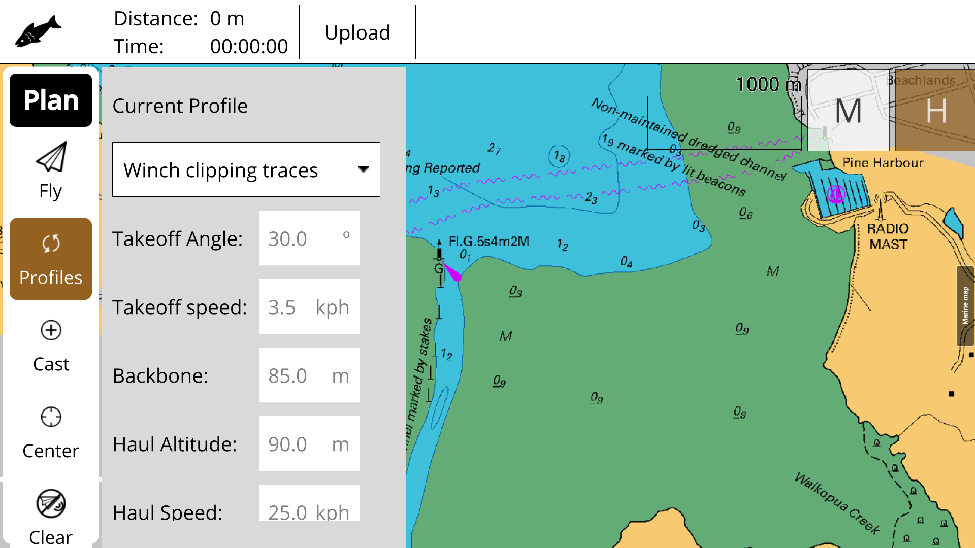 This is a digital nautical chart and map display with navigation settings and profile options. It shows water depths, land areas, and some landmarks including Pine Harbour and Radio Mast, with a section for an underwater channel and nearby beaches.