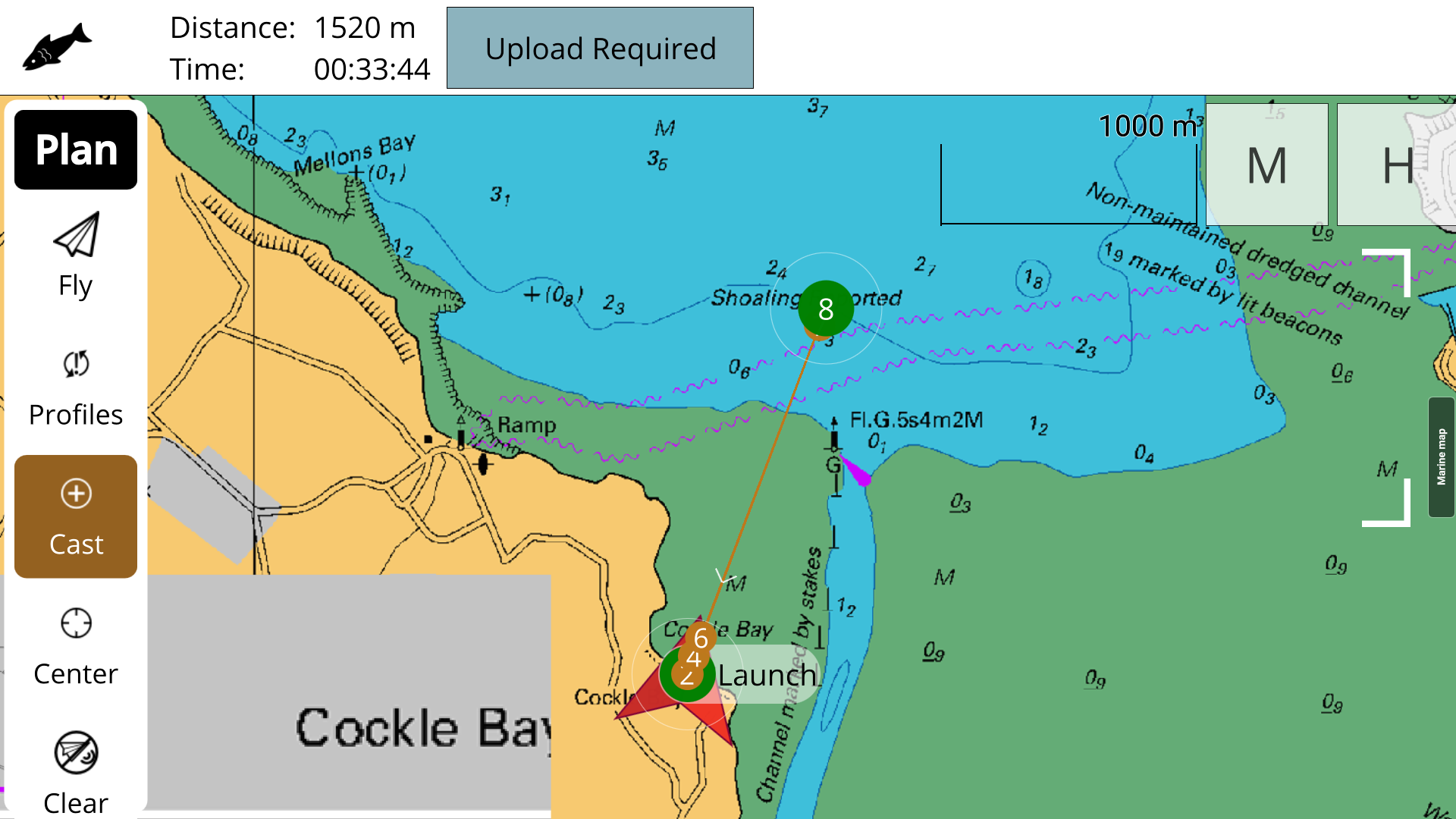 Navigation map showing a route from Cockle Bay Launch to a fishing spot marked with the number 8, including depth contours, a ramp, and a non-maintained dredged channel marked by lit beacons.