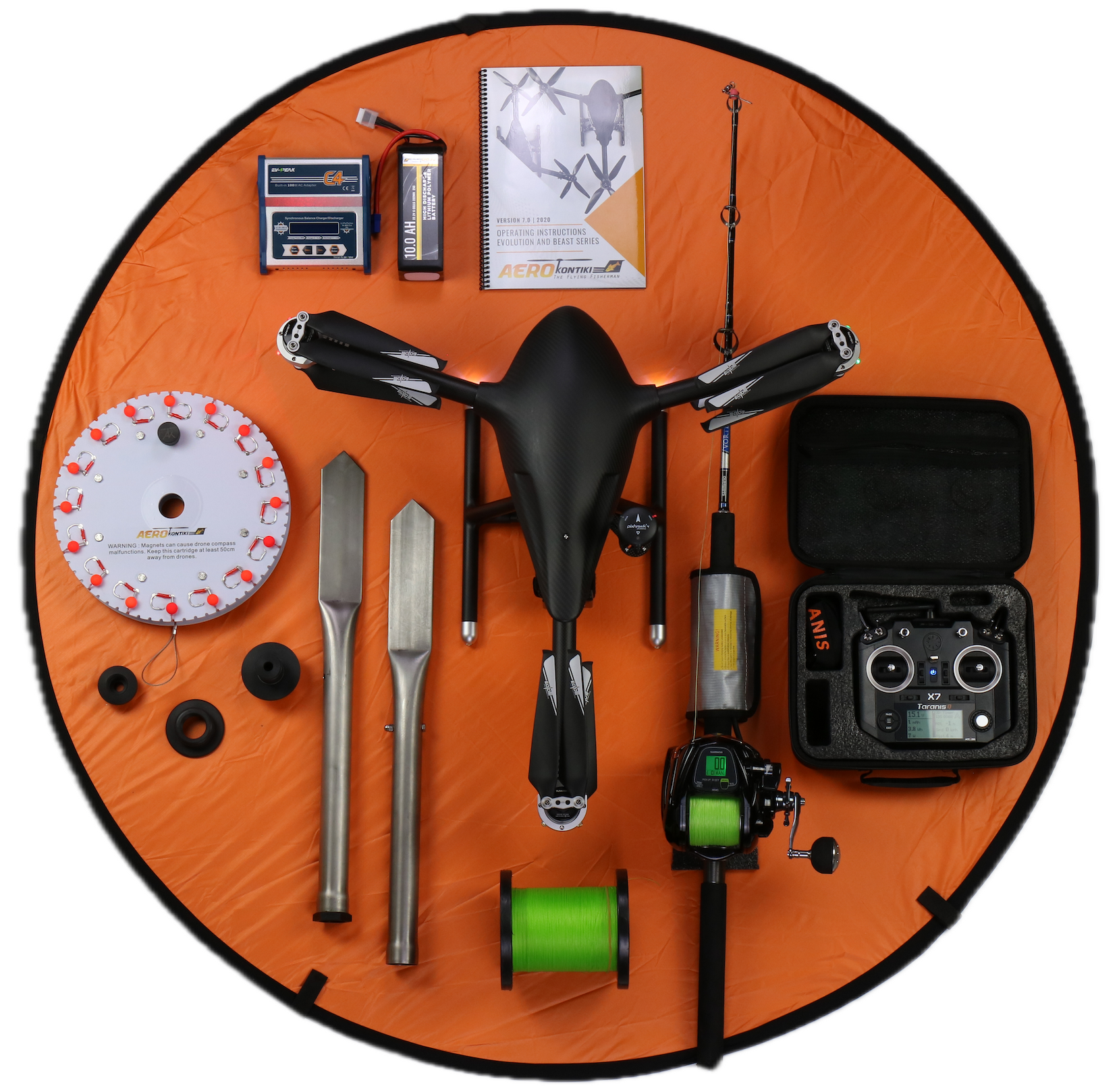 Aerokontiki Fishing drone package NZ including advance fishing drone, remote controller, batteries, charging stations, tools, and accessories, electric fishing reel, rapid bait launcher nz
